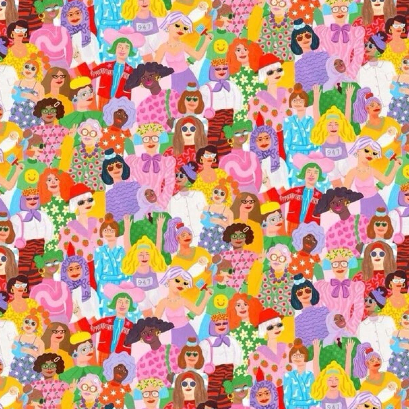Wrapping paper featuring a lot of ladies in bright colourful clothes against a white background.