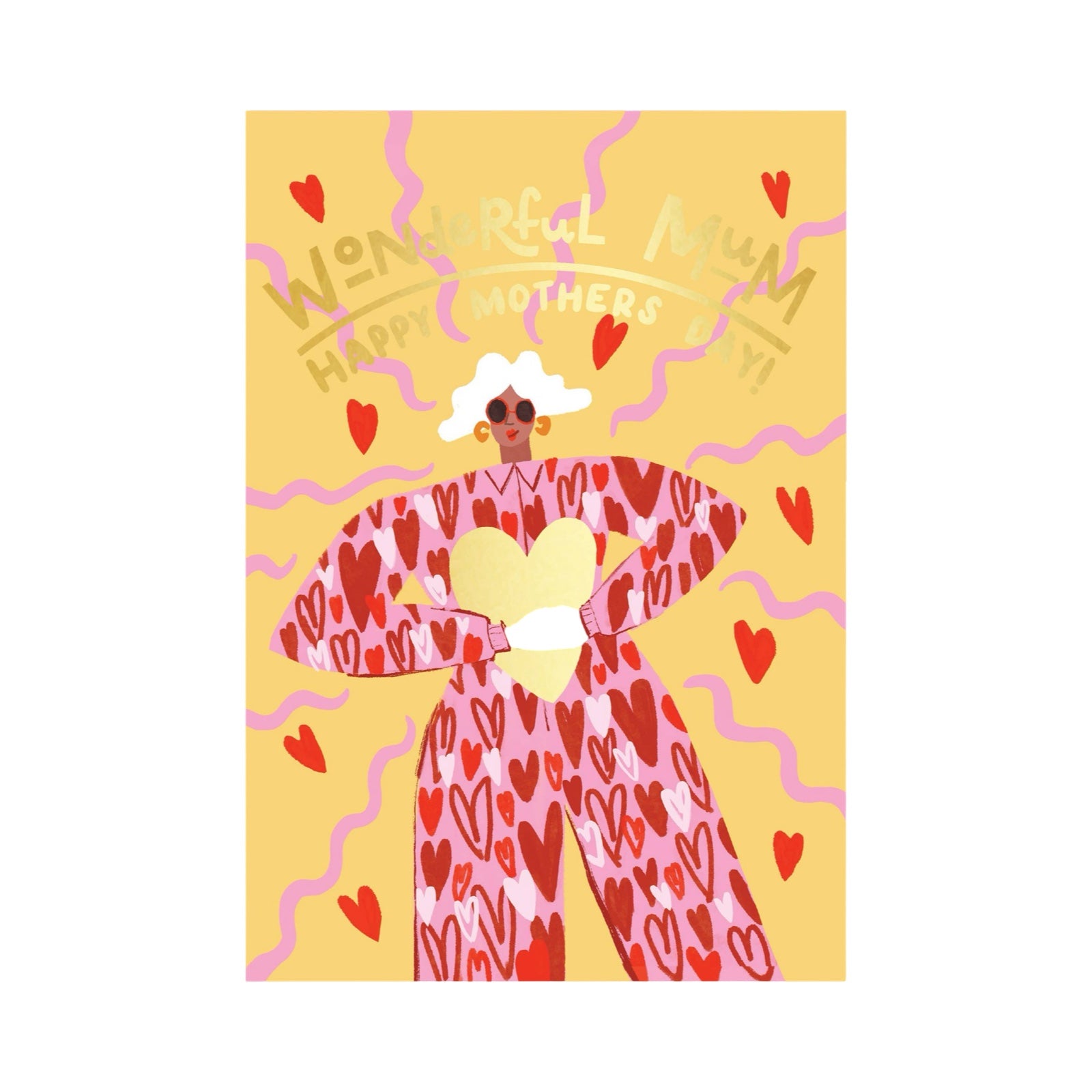 Mother's Day card featuring an illustration of a fabulous mum with white hair, wearing a red jumpsuit covered in love hearts, holding a giant gold love heart. The text 'Wonderful Mum, Happy Mother's Day' is written in gold.