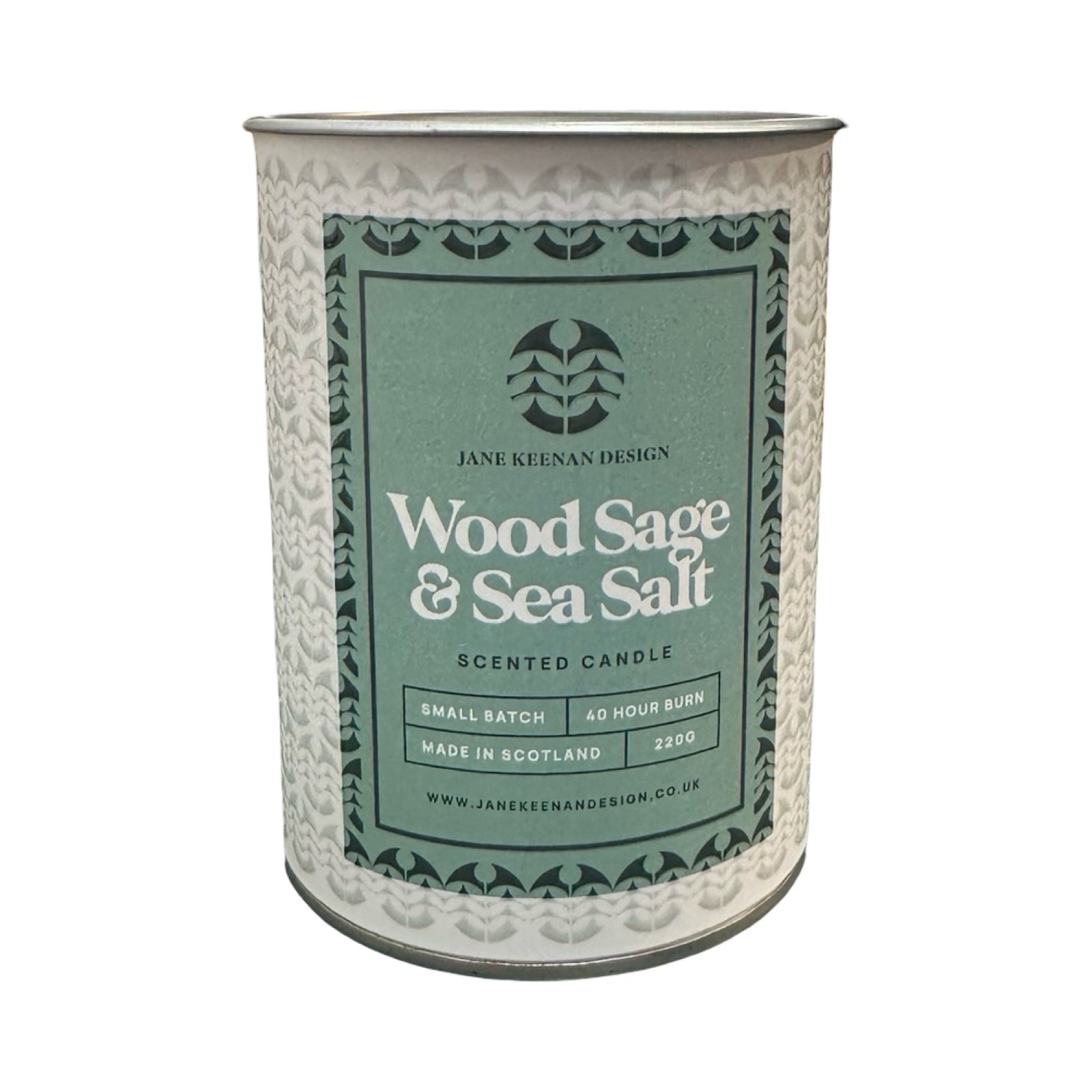 Candle tin labeled 'Wood Sage & Sea Salt' by Jane Keenan Design on a white background.