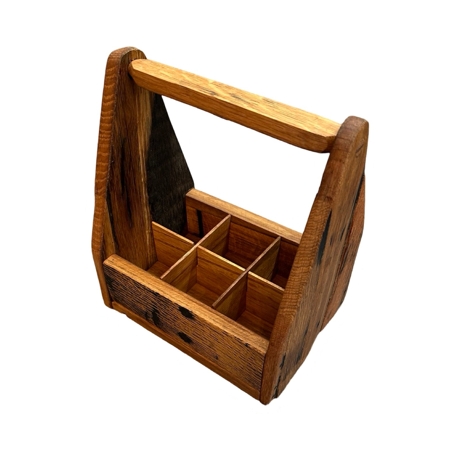 Beer caddies made from reclaimed oak whisky barrels. Each caddy will hold 6 bottles of beer and has a removable wooden insert so you can fit in larger bottles.