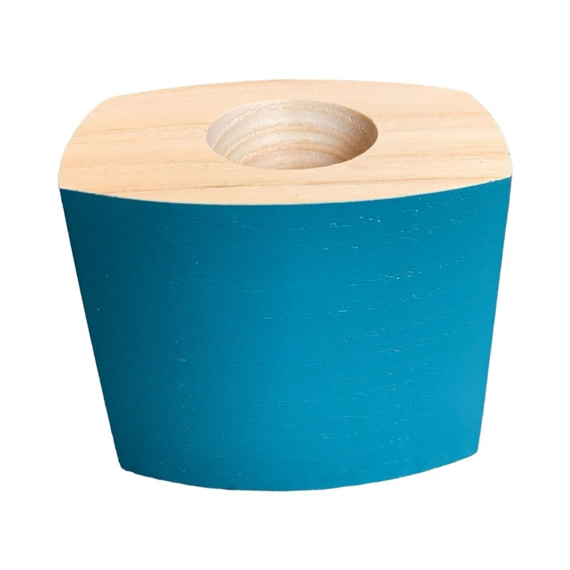 Teal wooden candle holder.