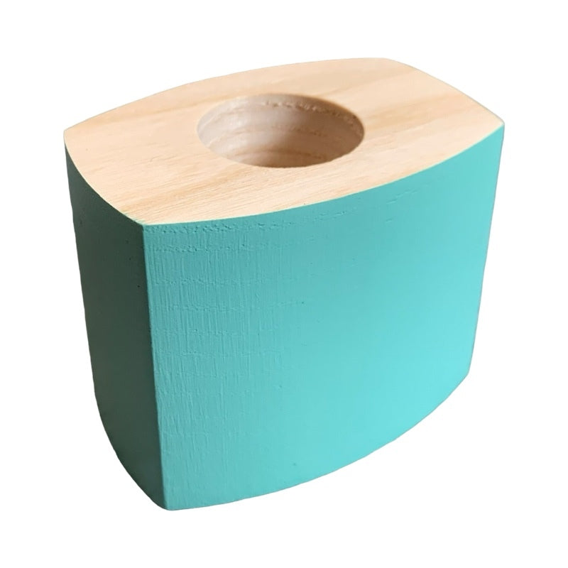 Turquoise wooden candle holder.