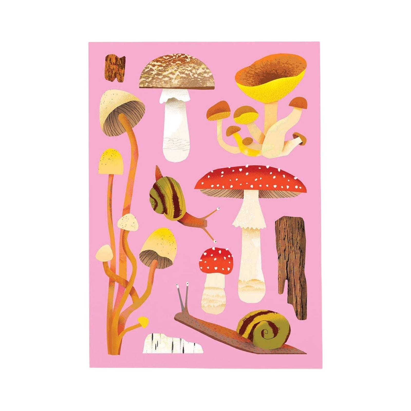 Postcard with mushroom and snail illustrations on a pink background.