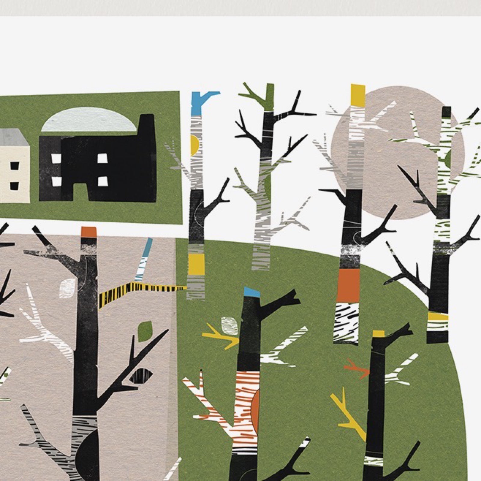 A square mixed media art print of a woodland village with houses, trees and grass, all in shades of green, black, white, grey and mustard.