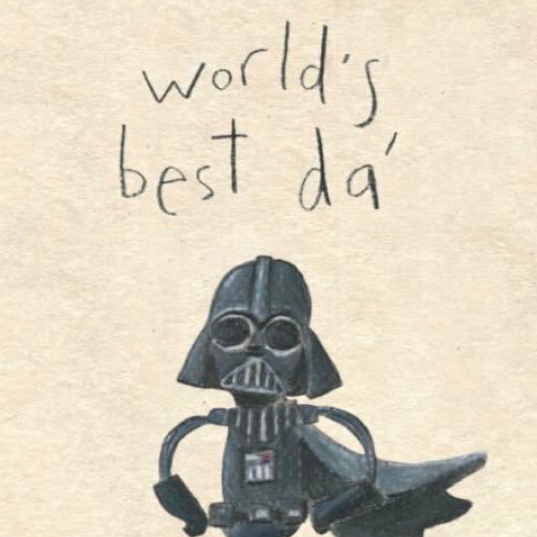 Birthday / Fathers Day card featuring an illustration of Darth Vadar standing on son Luke Skywalkers' hand.