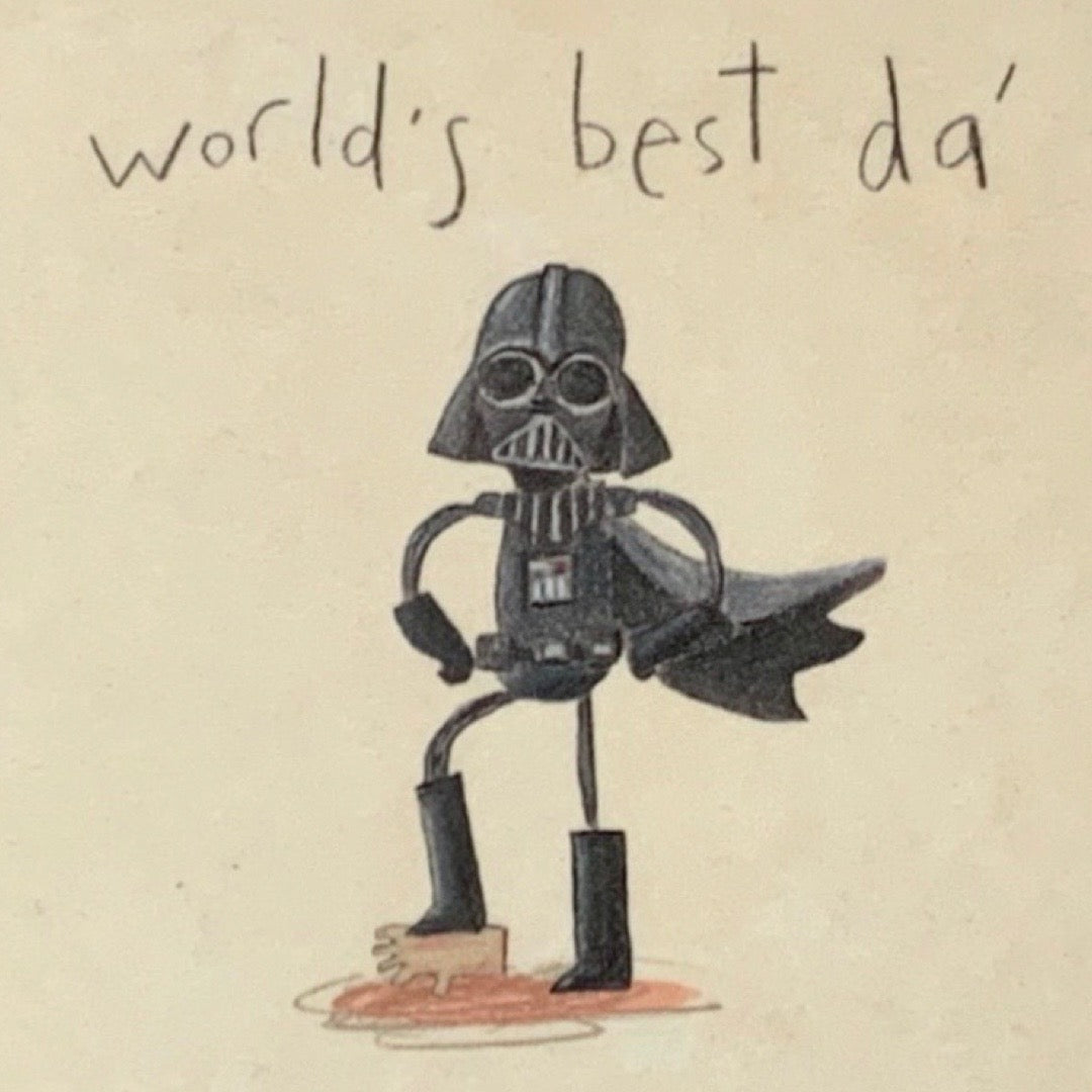 Cartoon Darth Vader with 'world's best da' text on a beige background.