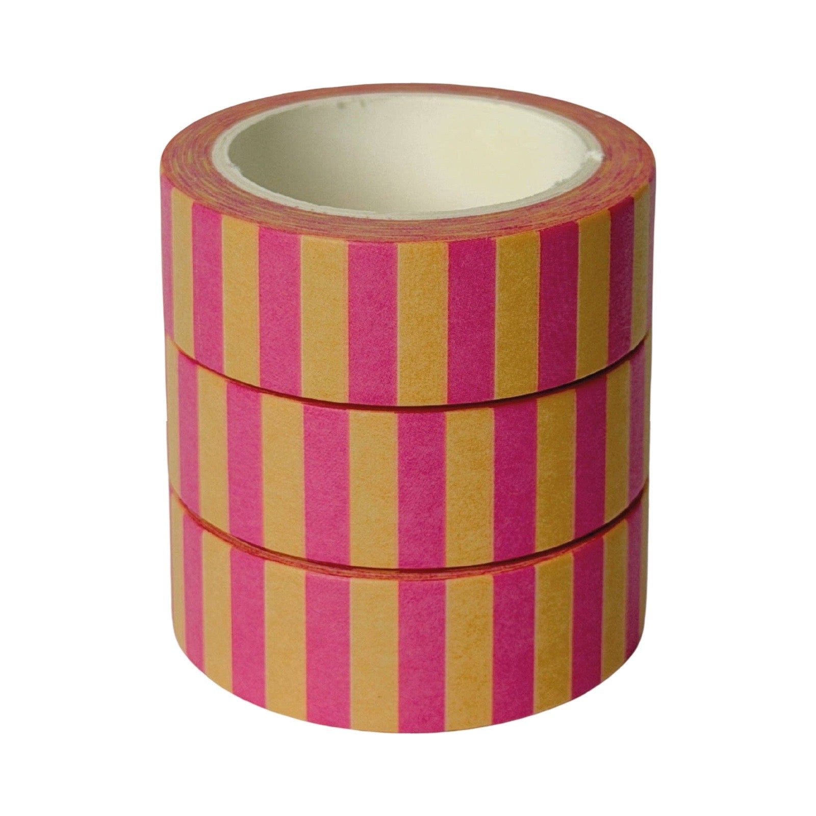 Three stacked rolls of washi tape with vertical stripes in hot pink and mustard yellow, showing the white inner core, on a white background.