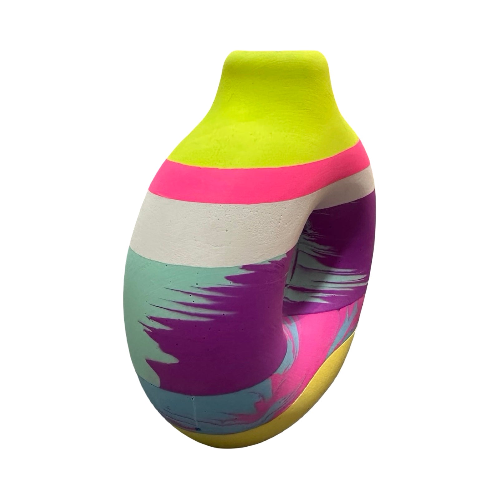 Colourful abstract vase with a stripe design on a white background.