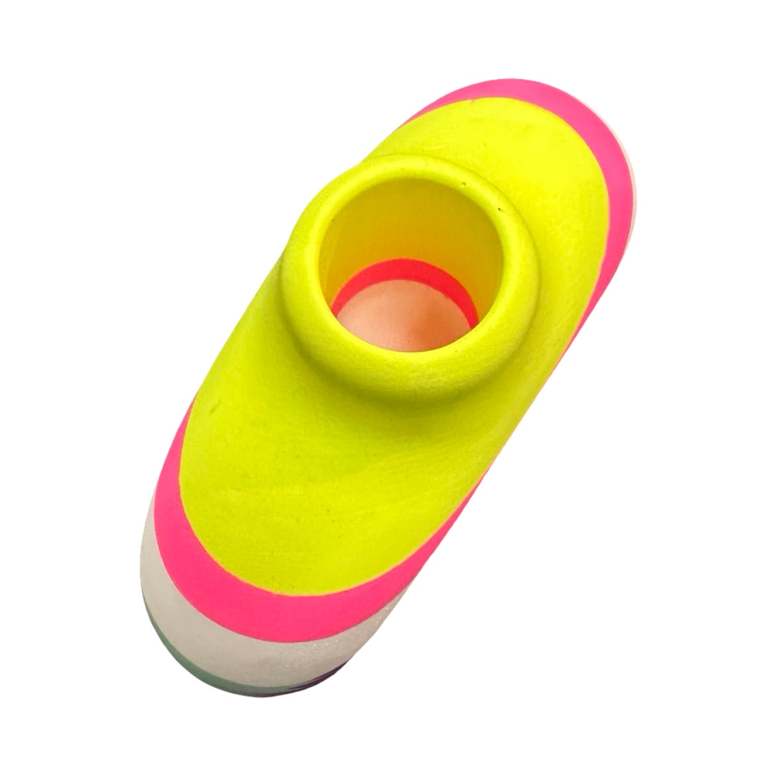 Neon yellow and pink vase on a white background.