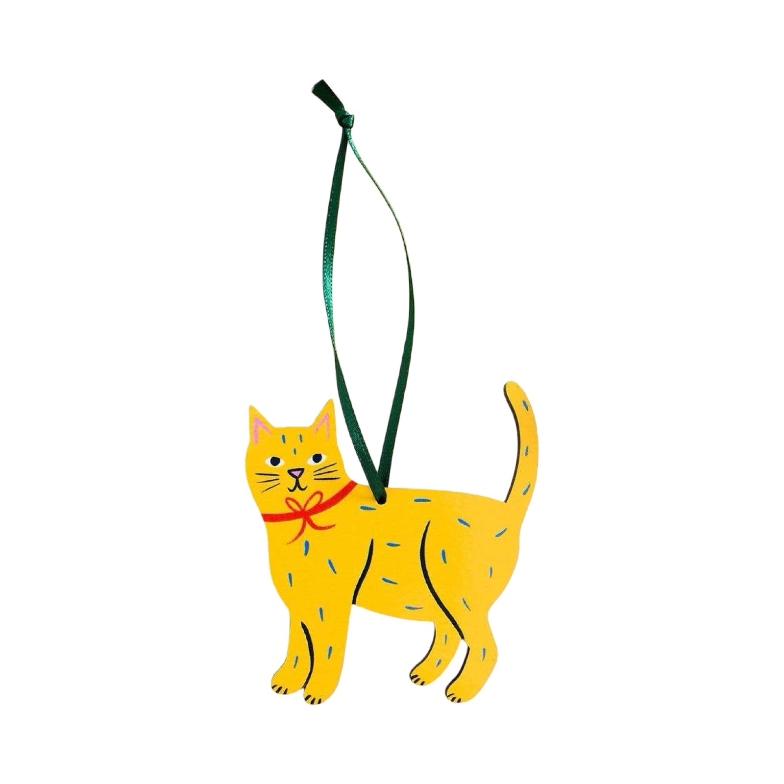 Wooden Christmas cat-shaped decoration in yellow with blue dashes.