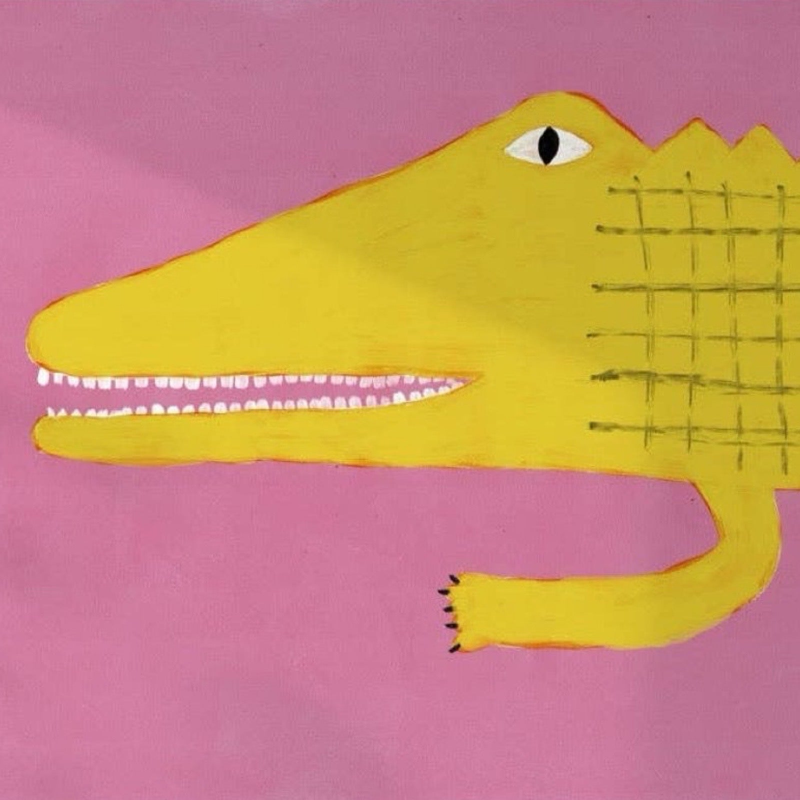 Yellow crocodile illustration on a pink background.