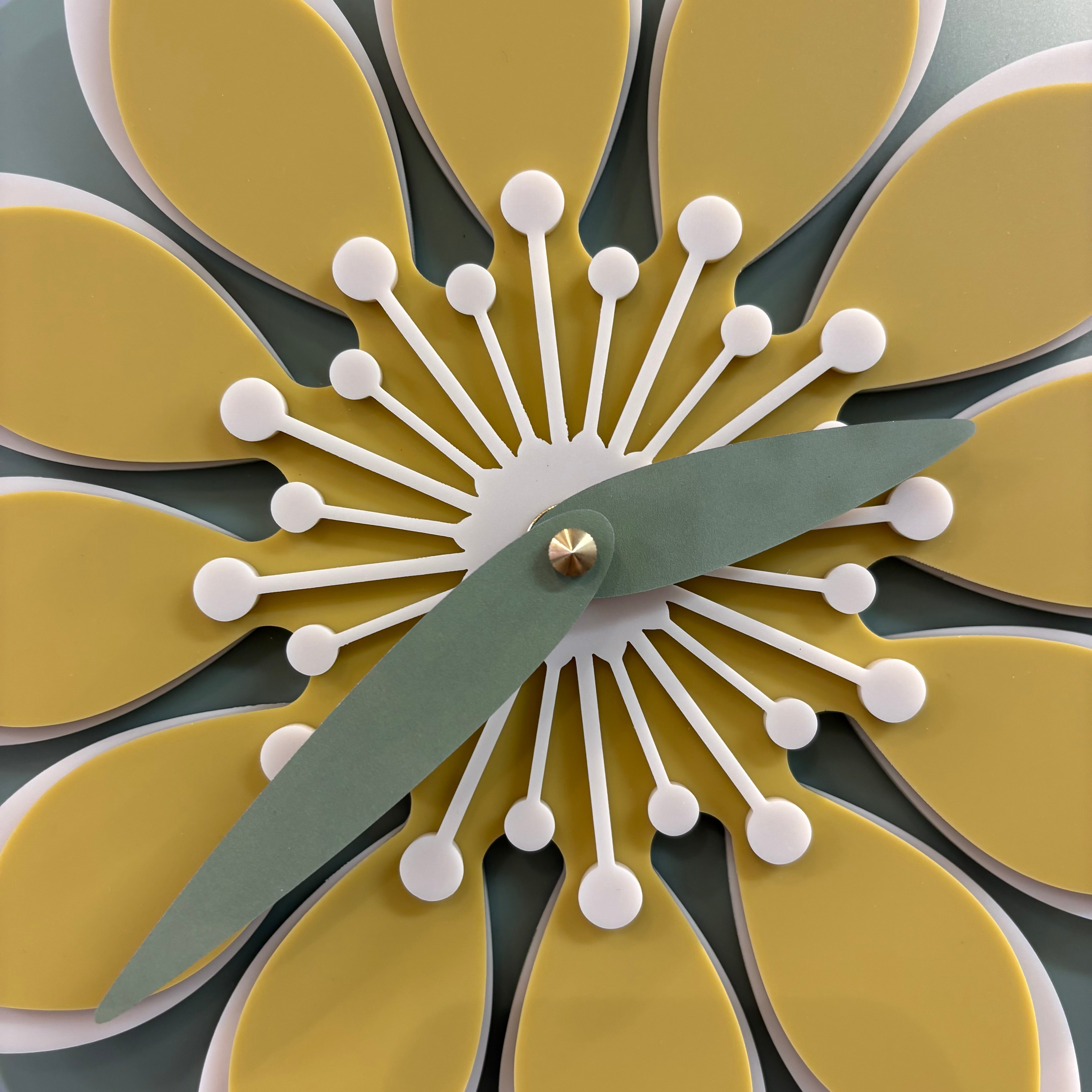 Decorative wall clock with a floral design featuring yellow petals and white centers.