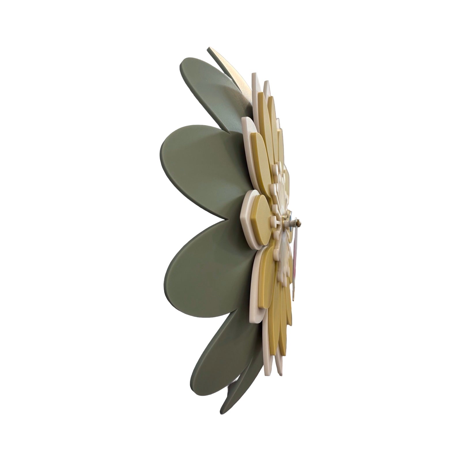 Decorative wall clock with green and beige design on a white background.