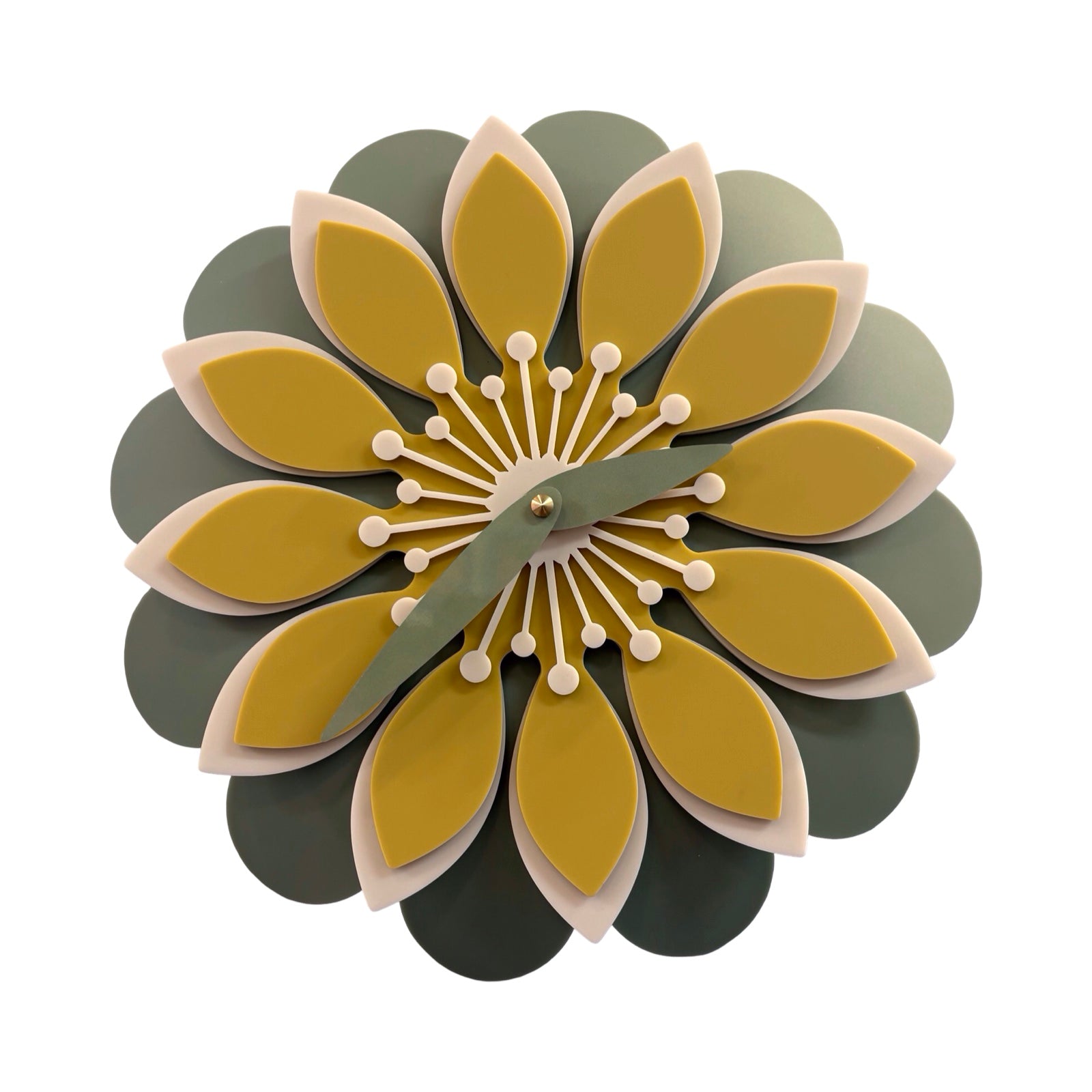 Decorative wall clock with a floral design in green and yellow on a white background.