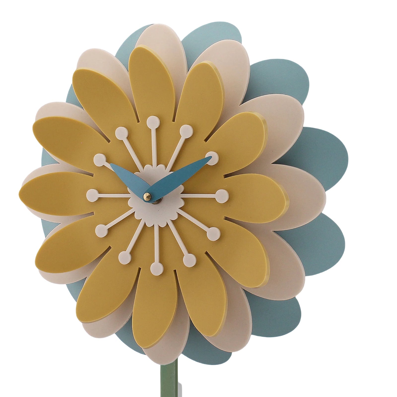 Floral clock with yellow, blue, and beige petals on a white background.