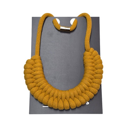 A hand-knotted style necklace made by hand from 100% recycled yellow cotton cord with a magnetic metal fastening.