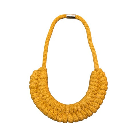 A hand-knotted style necklace made by hand from 100% recycled yellow cotton cord with a magnetic metal fastening.