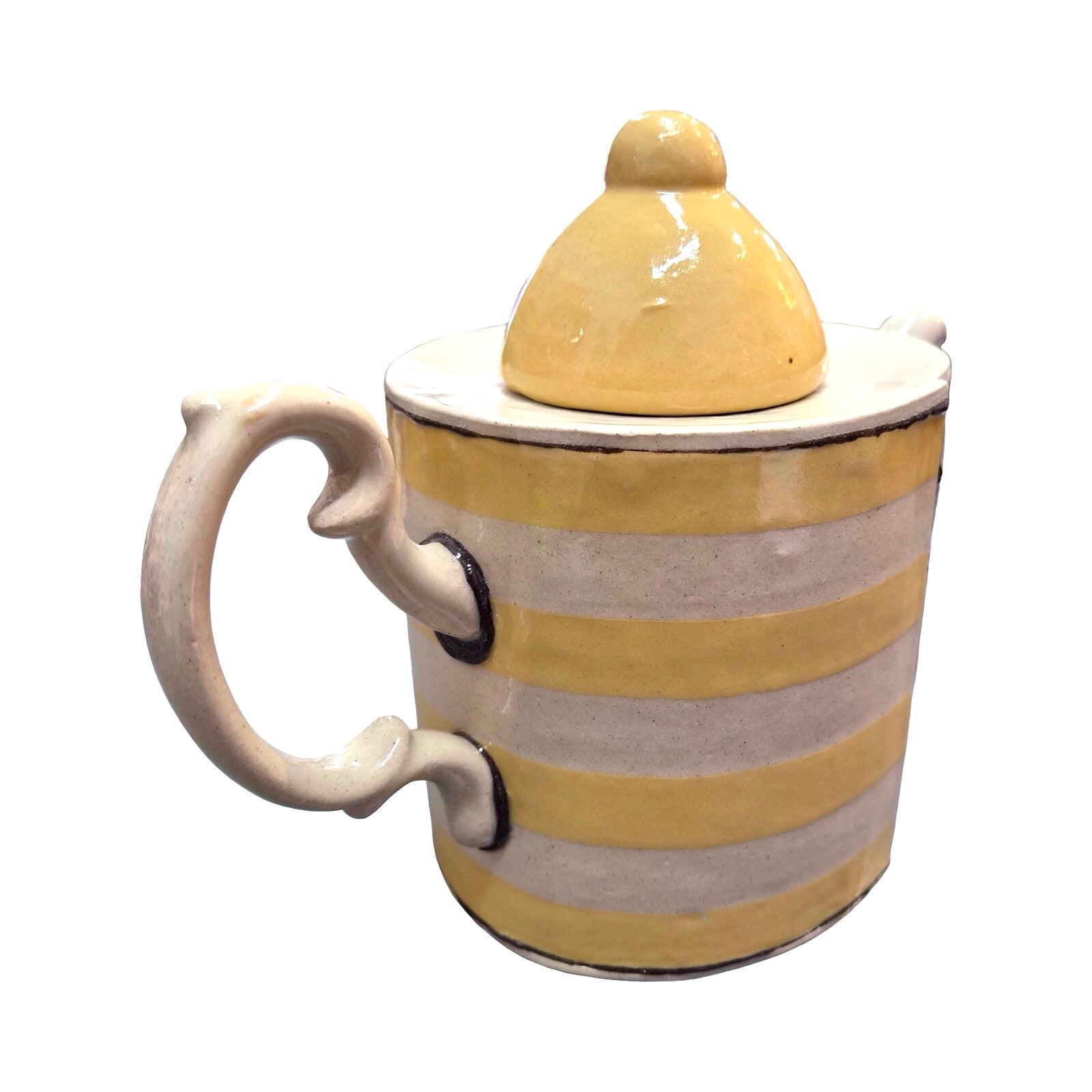 Yellow and white striped teapot with a lid on a white background.