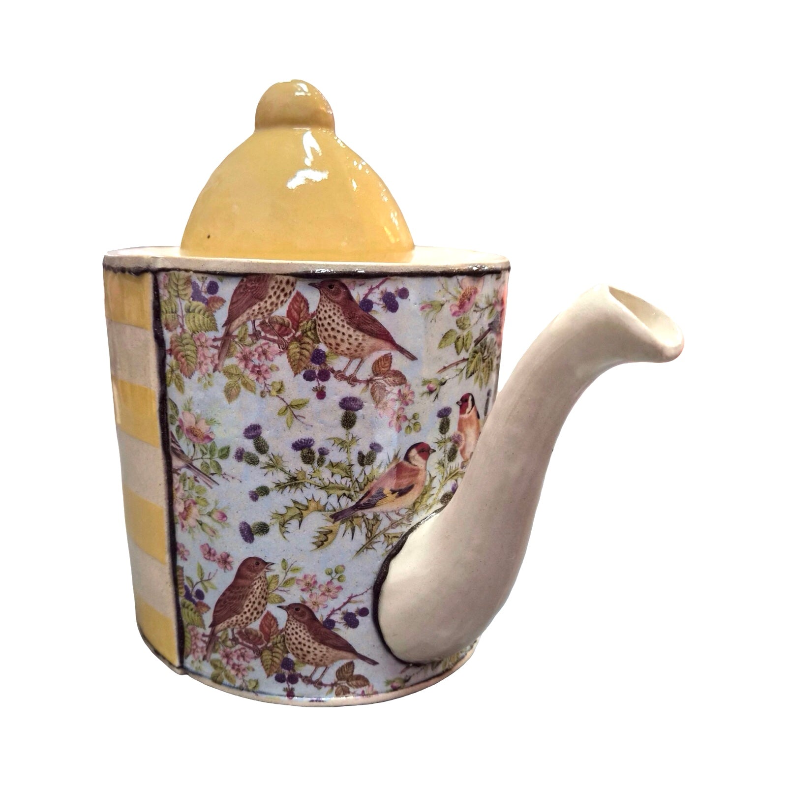 Ceramic teapot with floral and bird design on a white background.