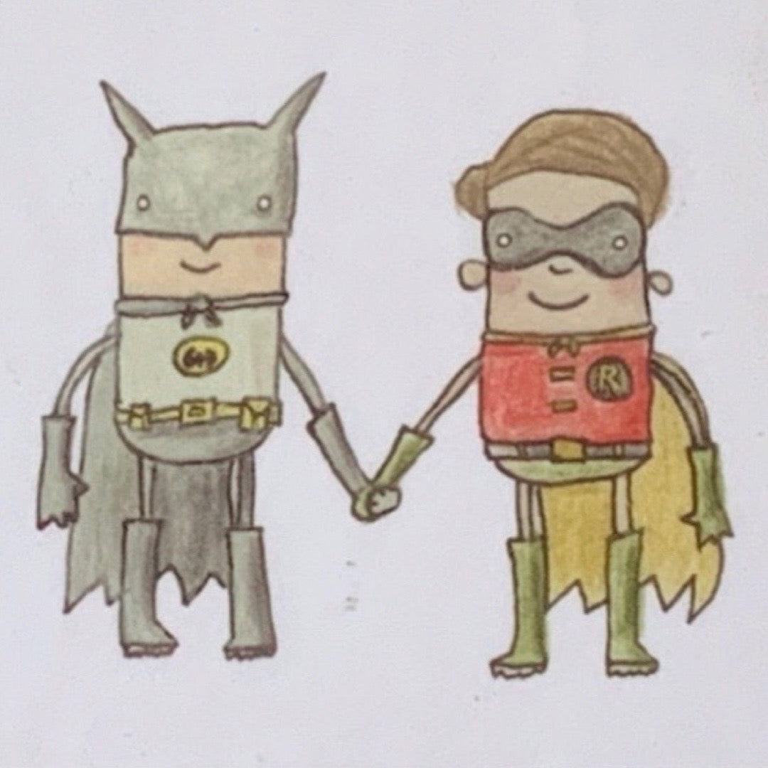 Coaster featuring an illustration of Batman and Robin holding hands.