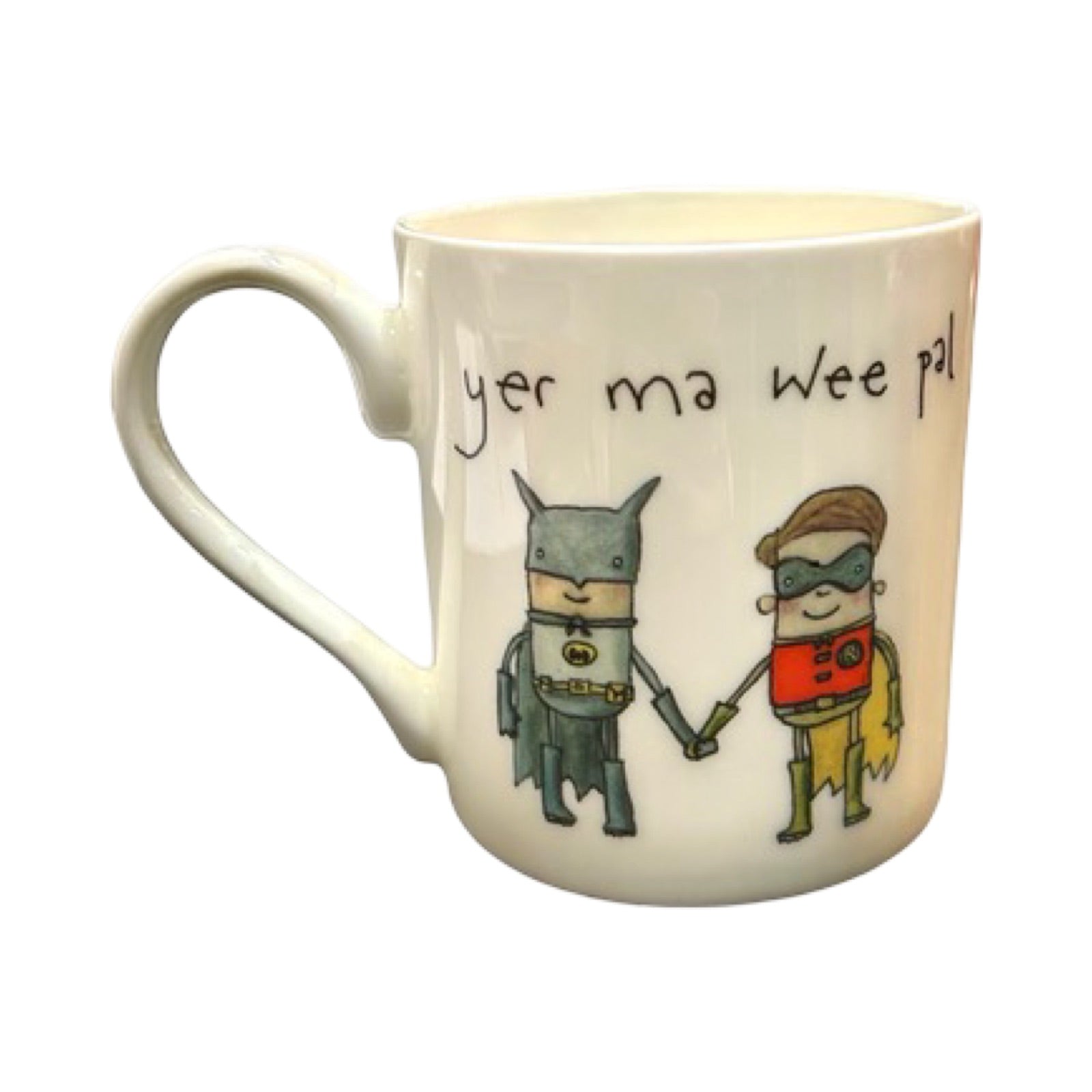 'Yer Ma Wee Pal china mug featuring an illustration of Batman and Robin holding hands.