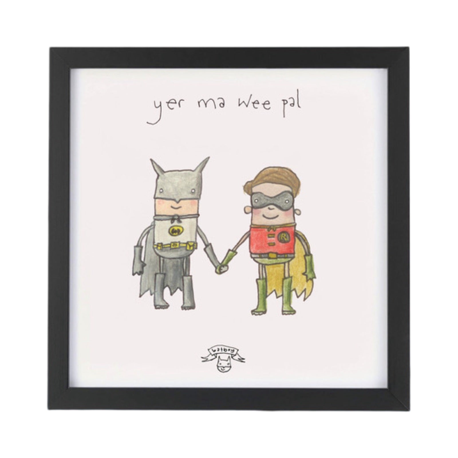 Framed print of an illustration of Batman and Robin holding hands.