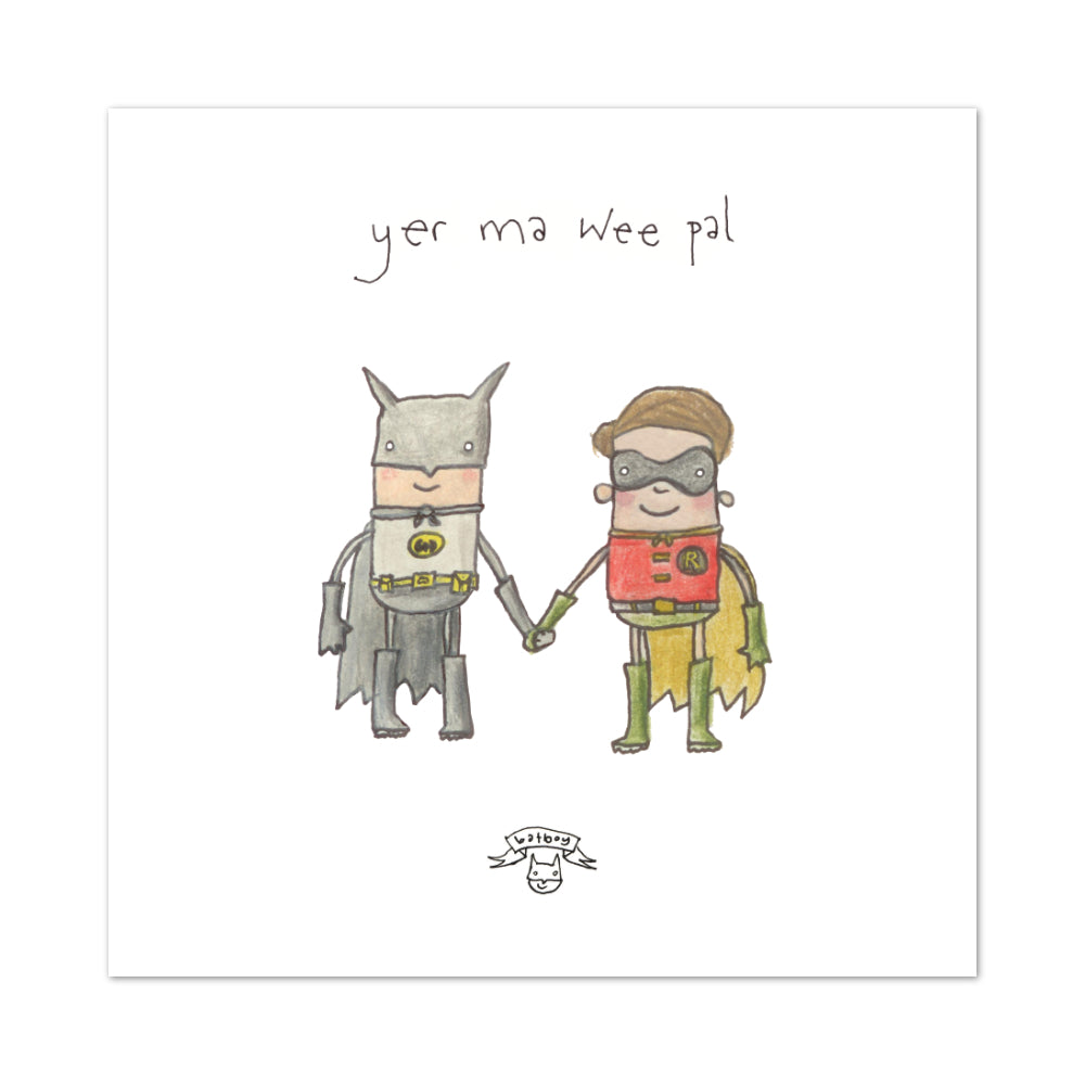 Print of an illustration of Batman and Robin holding hands.