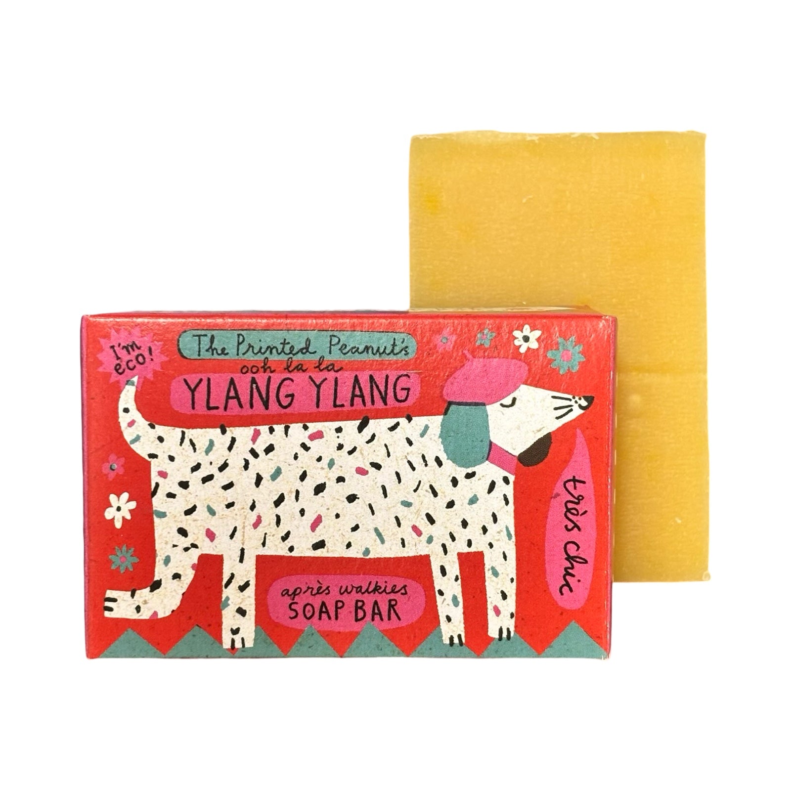 Soap bar with a colourful packaging featuring a dog illustration on a white background.