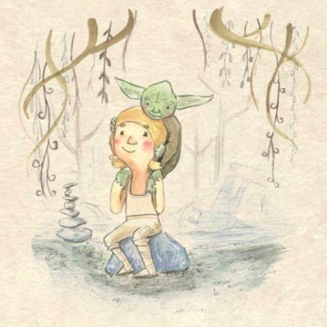 A6 card featuring an illustration of Luke Skywalker being mentored by Yoda in the swamps of Dagobah.