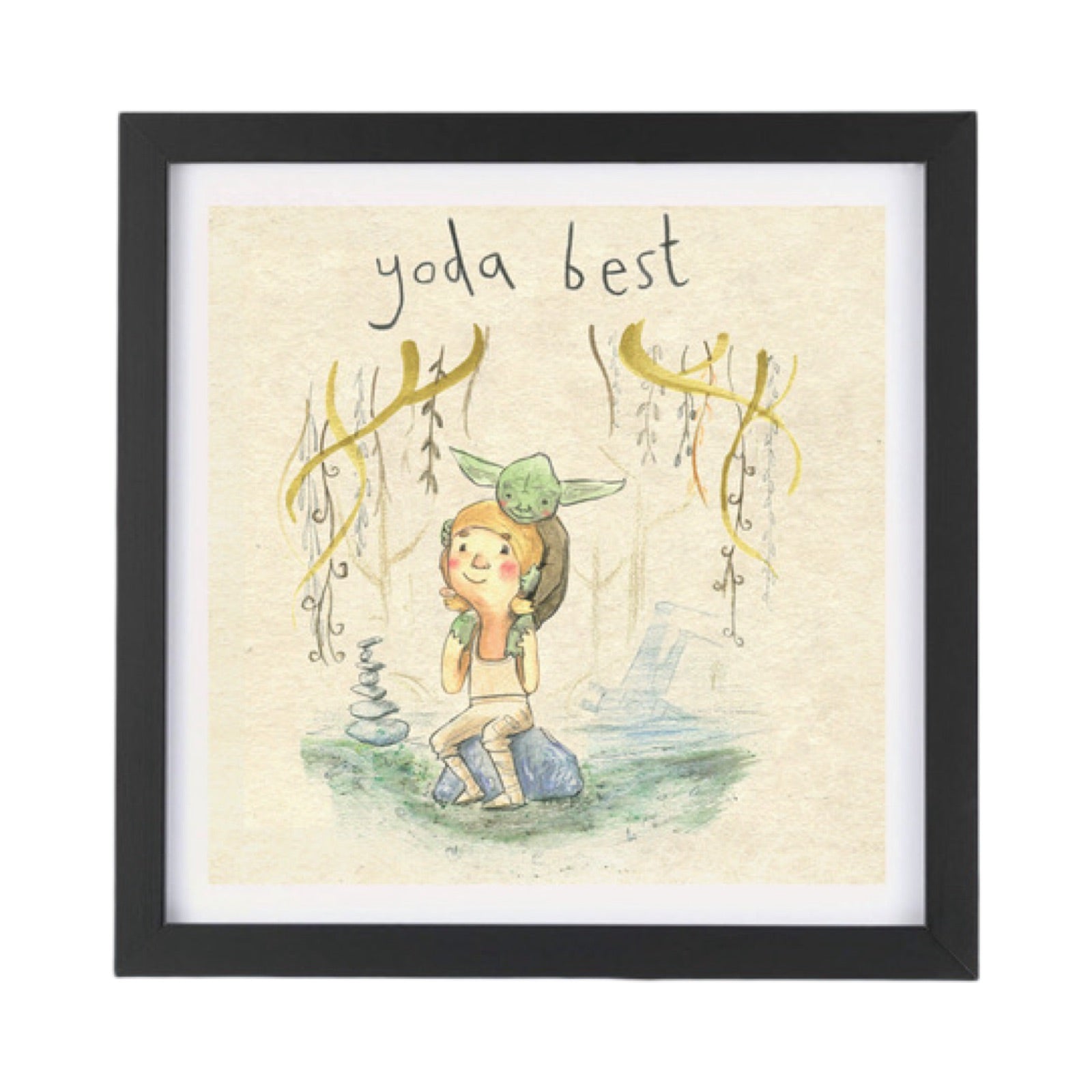 Yoda Best framed print featuring an illustration of Luke Skywalker being mentored by Yoda in the swamps of Dagobah.