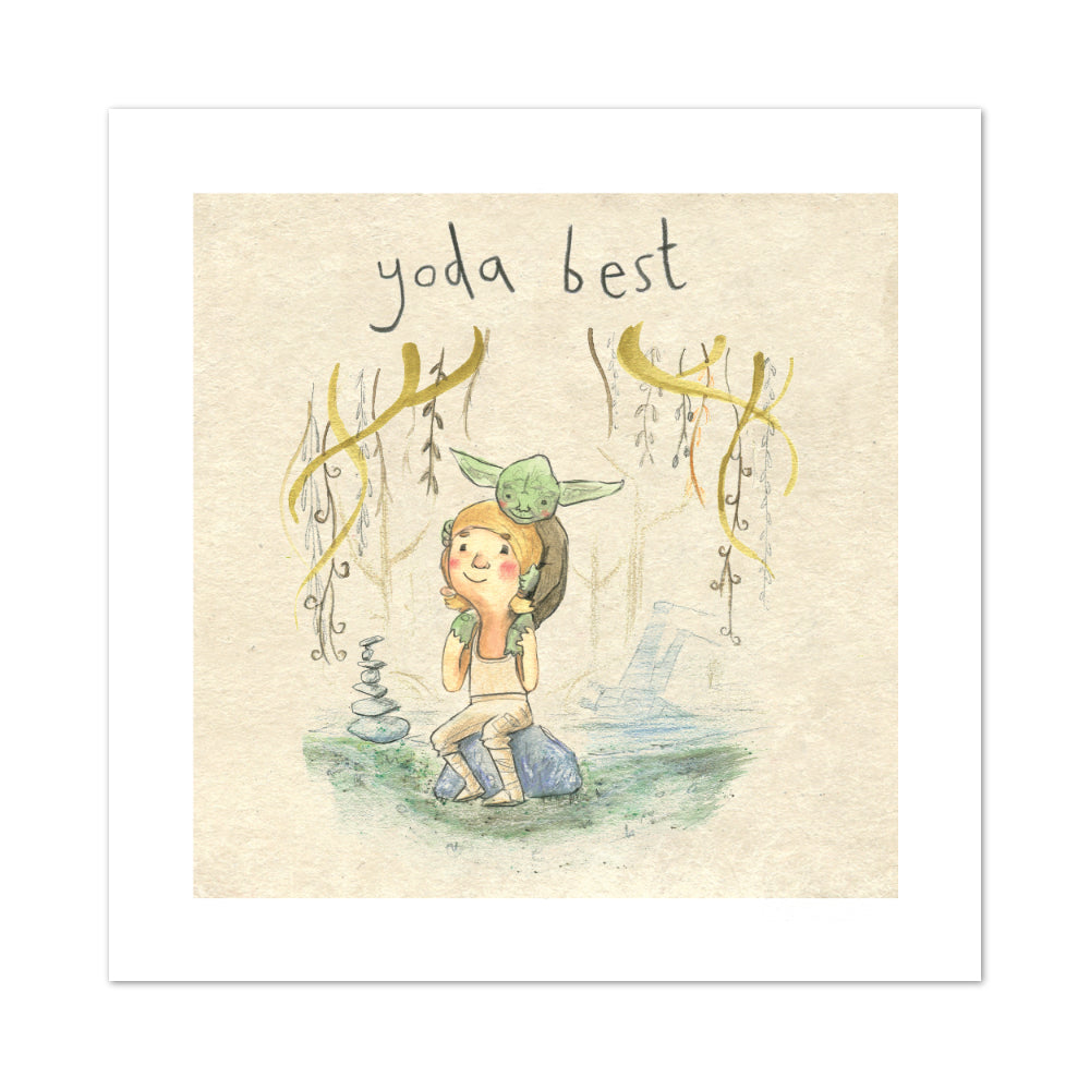 Yoda Best print featuring an illustration of Luke Skywalker being mentored by Yoda in the swamps of Dagobah.