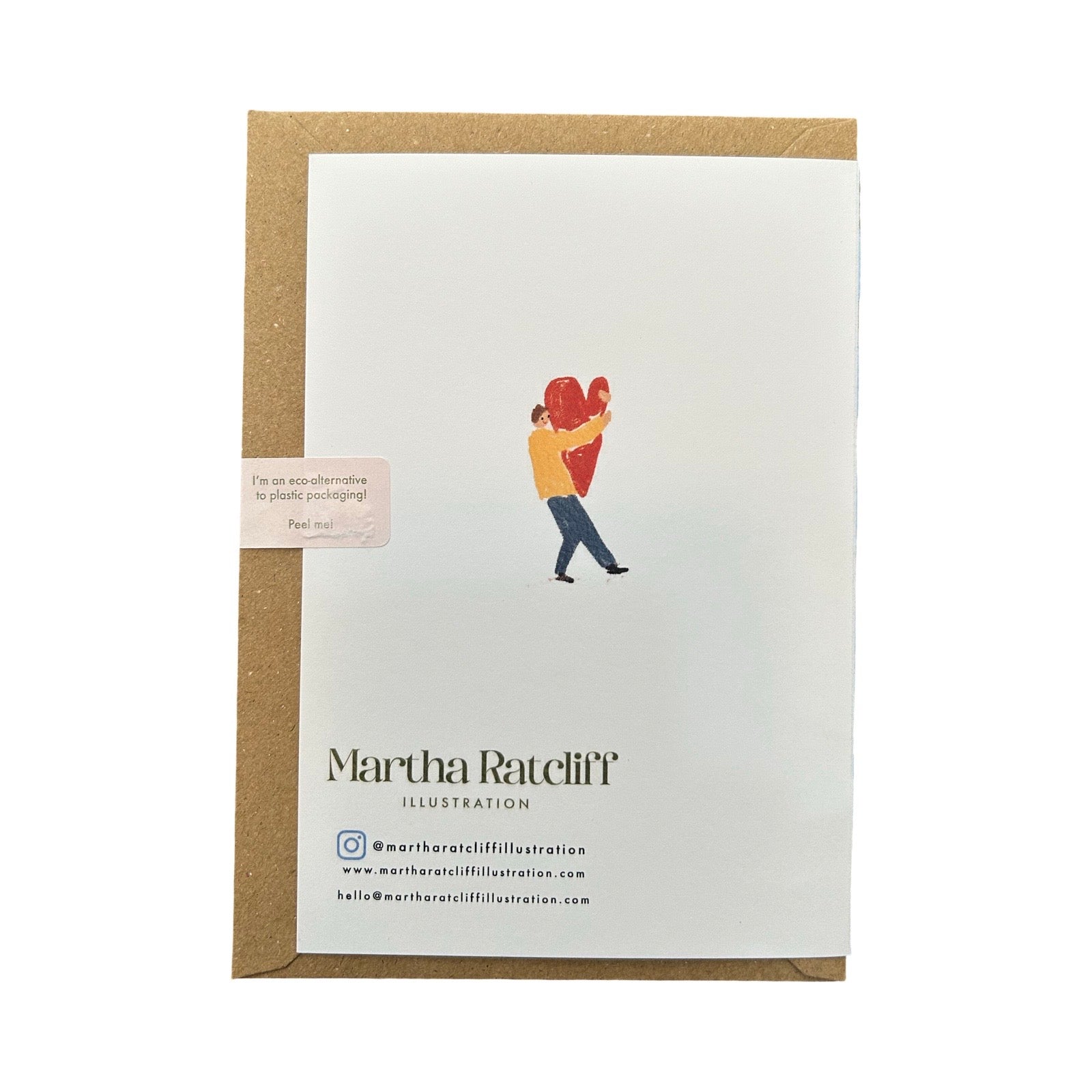 Back of Martha Ratcliff card with a person holding a love heart.