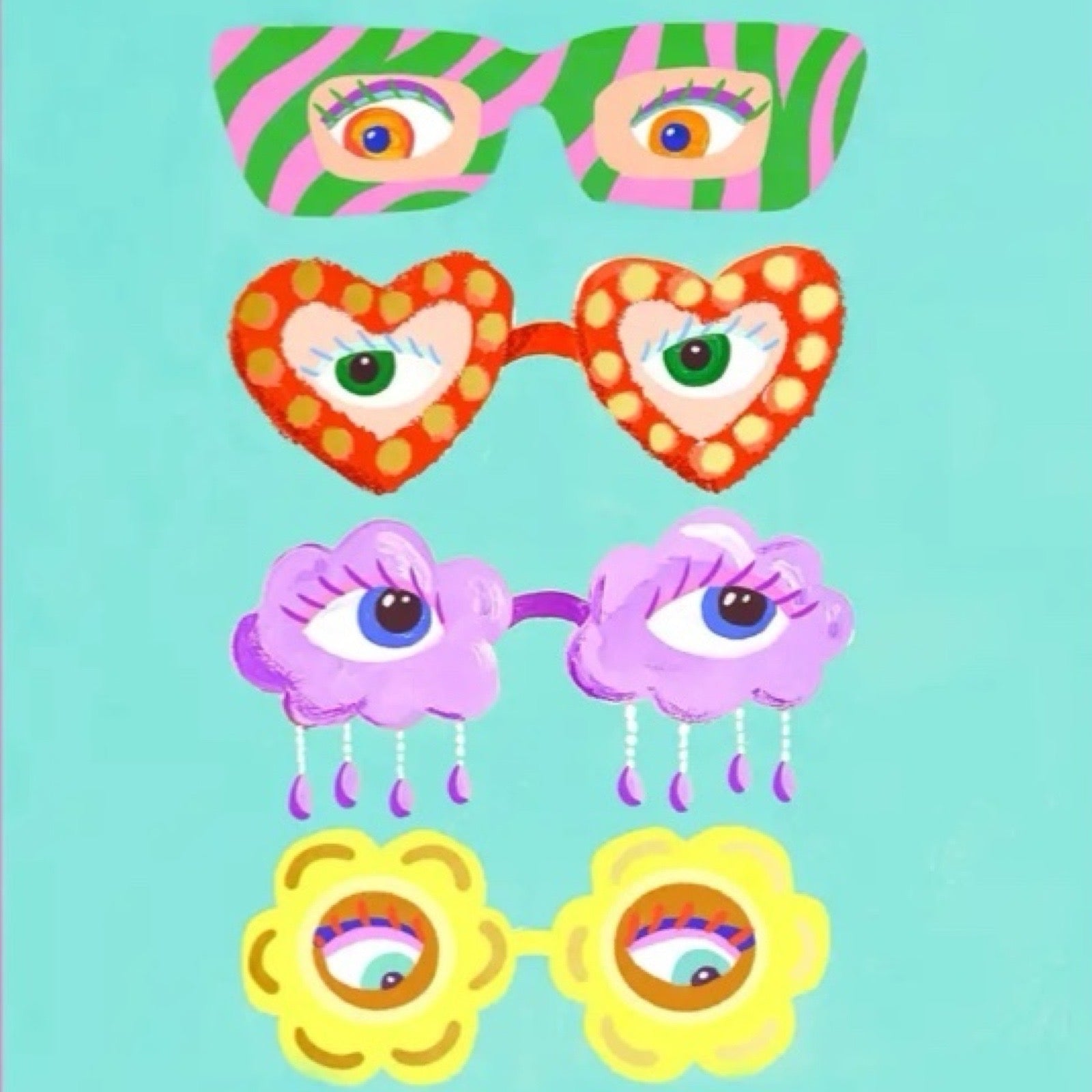 Card featuring 4 pairs of retro-style eyeglasses, one green and pink striped, one red in the shape of love hearts, one purple in the shape of clouds and one yellow in the shape of flowers. The text 'you're spectacular' is written underneath in white text, all on a turquoise background.