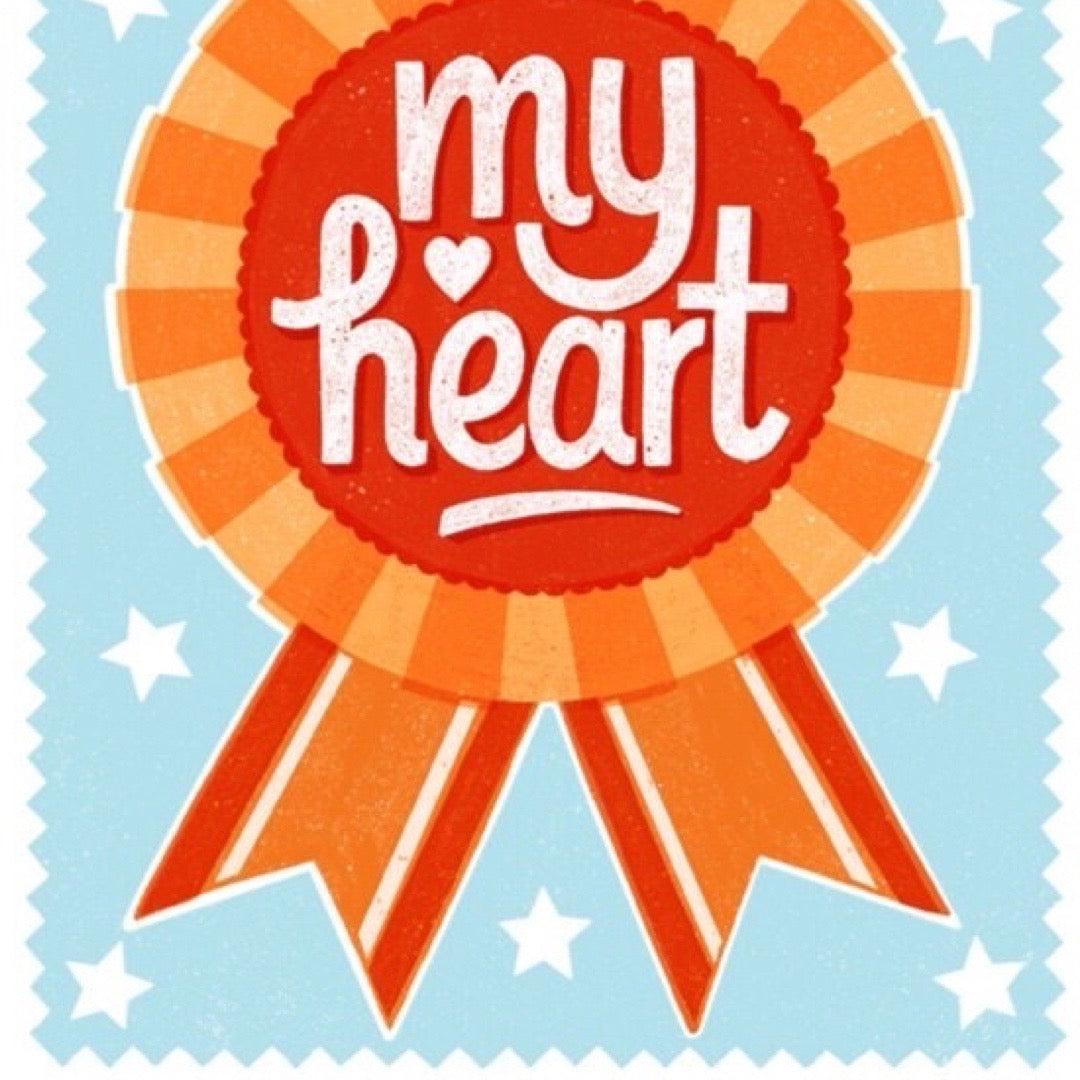 Decorative ribbon with 'my heart' text on a light blue background with stars.