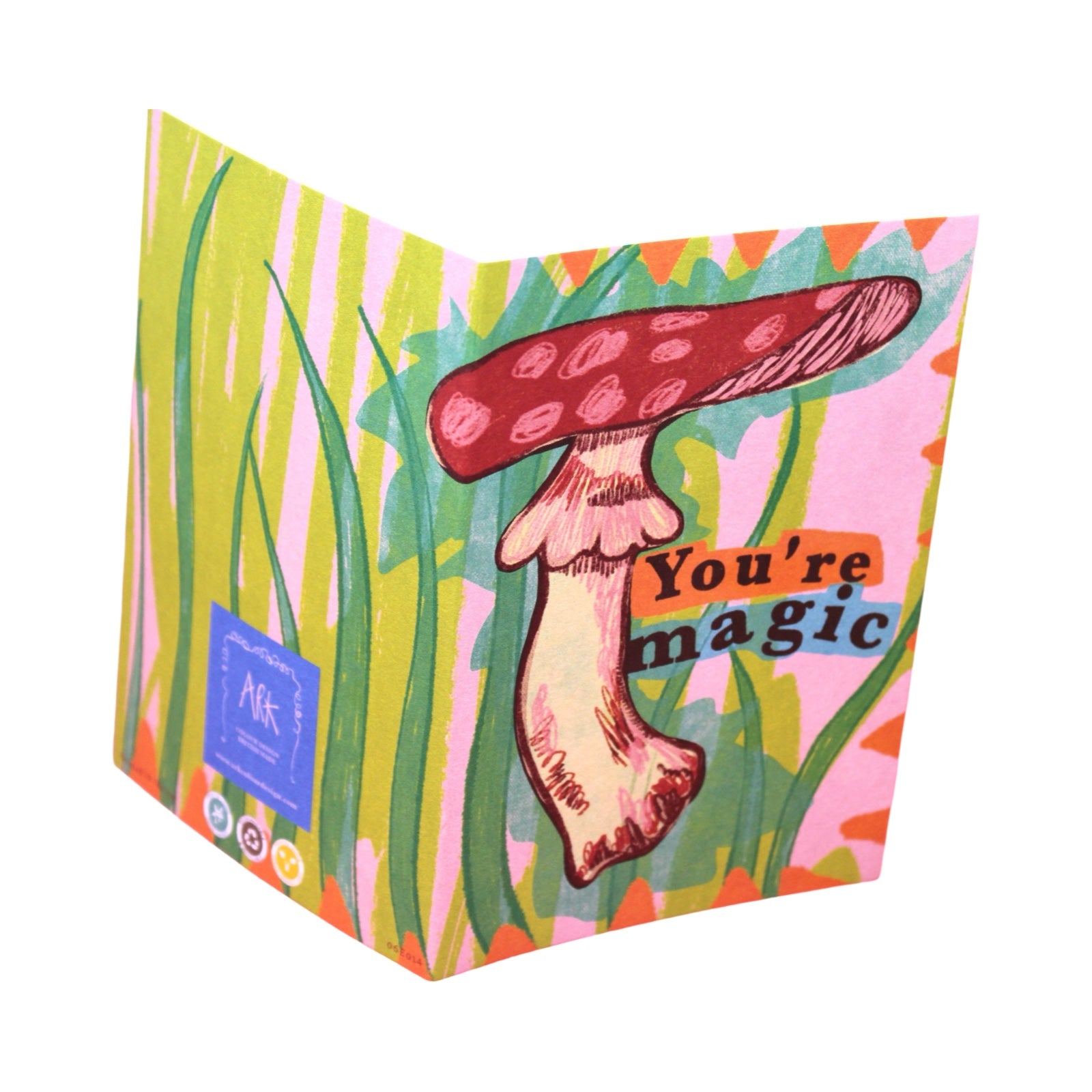 Card featuring a giant red mushroom and some green foliage with the text "You're Magic