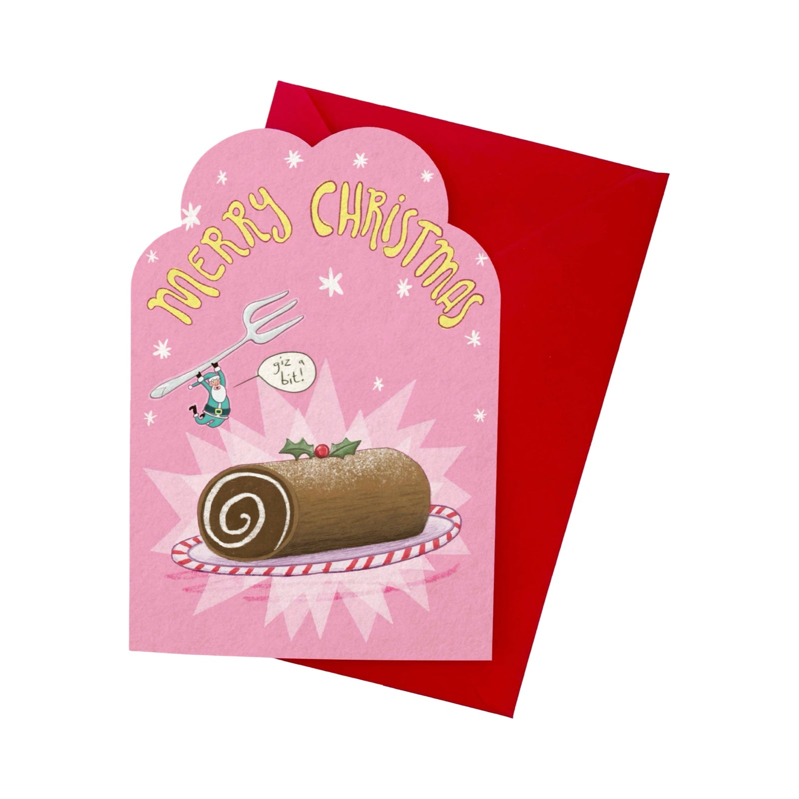 A Christmas greeting card with a pink arched front featuring the text 'Merry Christmas' and an illustration of a yule log, shown with a red envelope behind it on a white background.