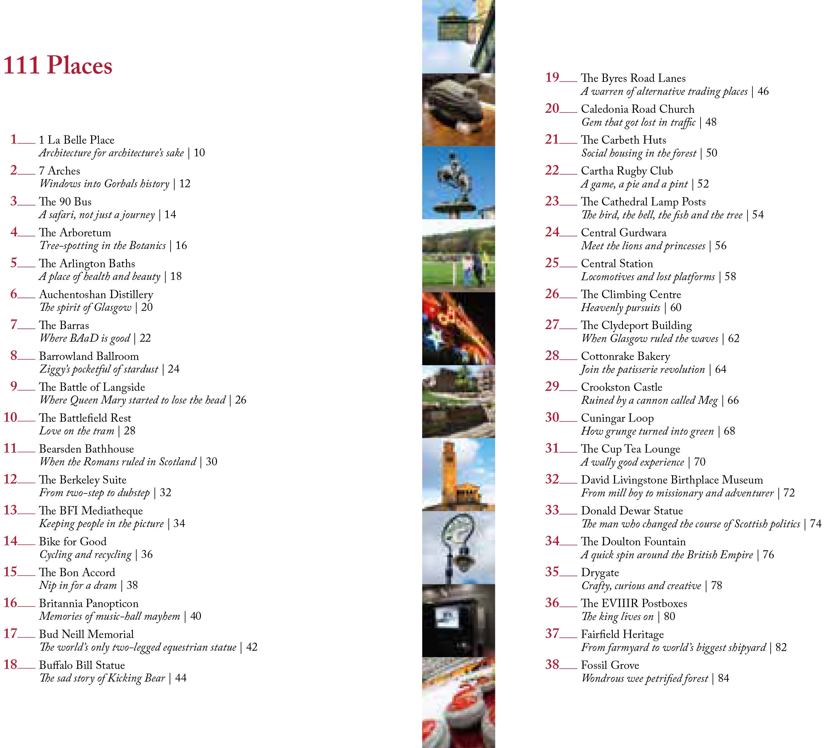 An index page from the book 111 Places in Glasgow