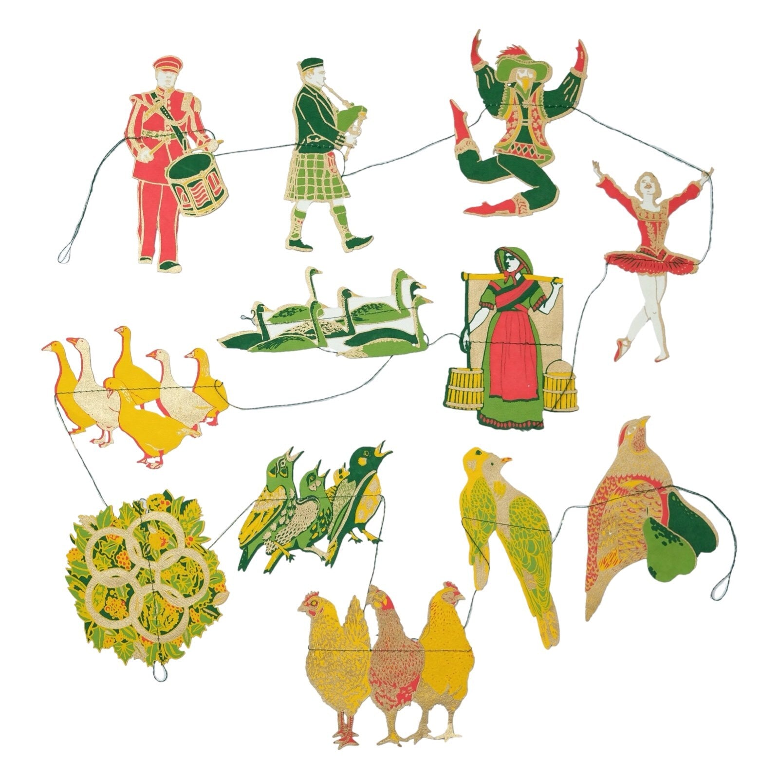 12 days of Christmas paper garland, featuring twelve screen-printed characters including a piper, a dancer and a drummer drumming.