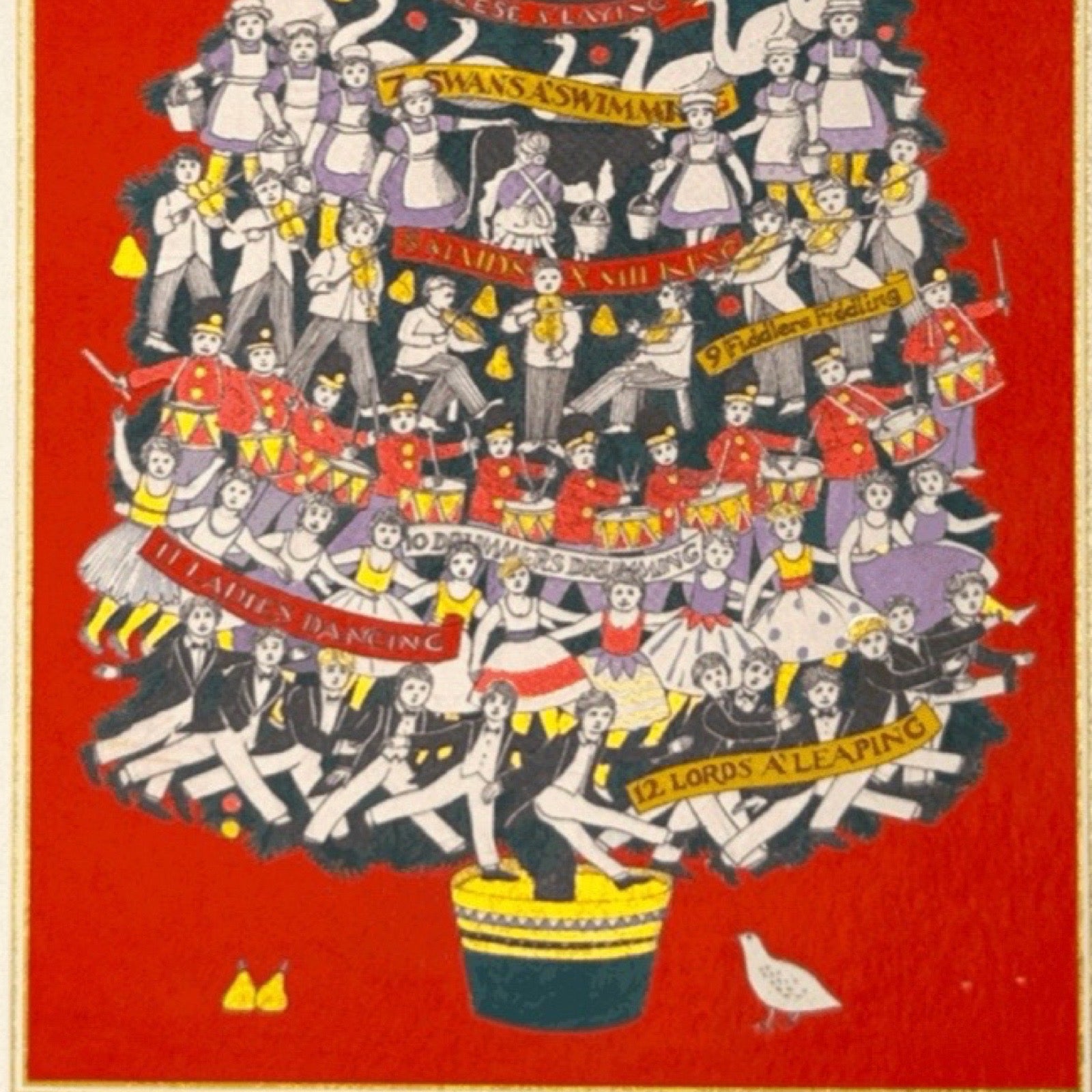 A vintage-style illustrated matchbox featuring the 12 days of Christmas ornaments.