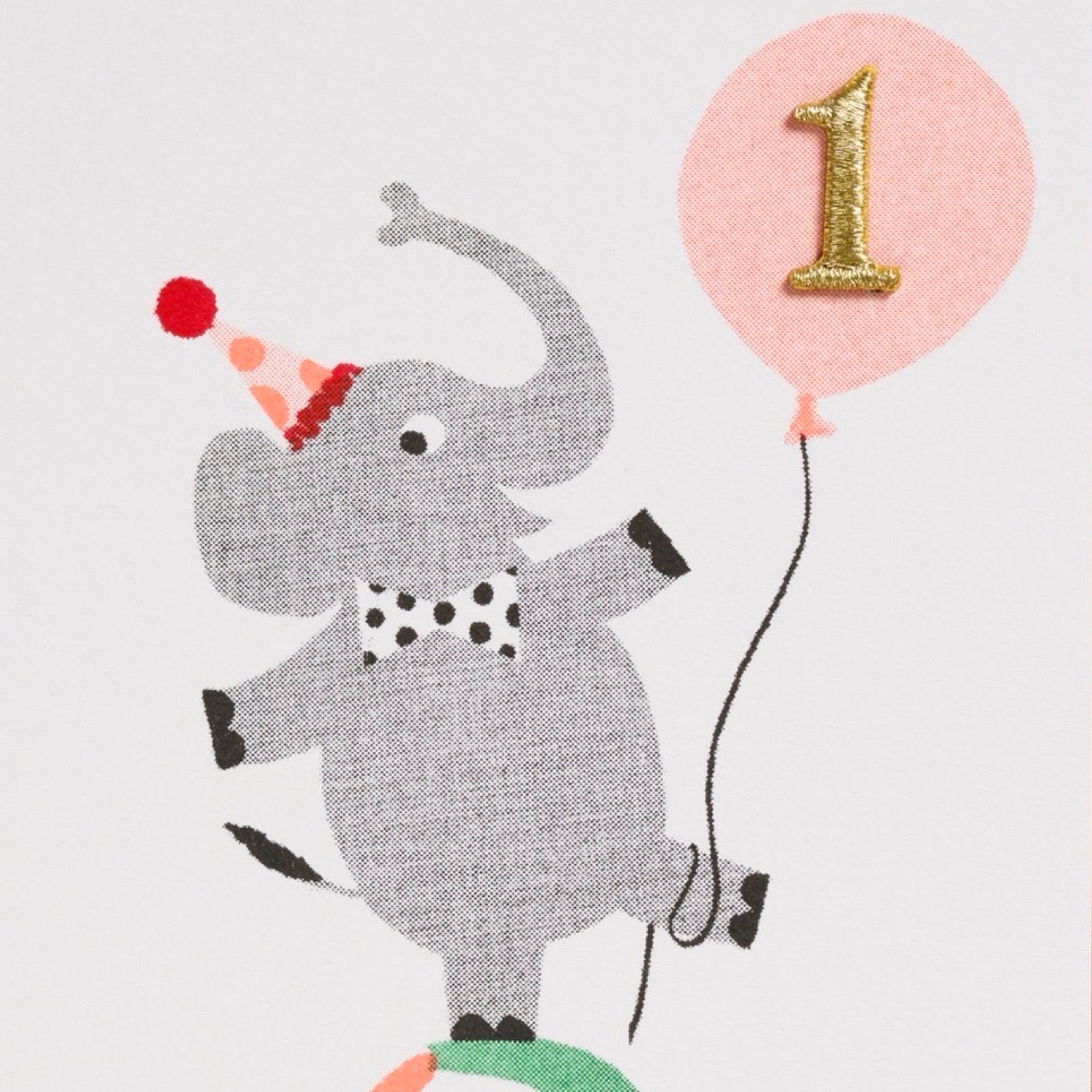 1st birthday card featuring an elephant balancing on a beach ball and '1' in a pink balloon.
