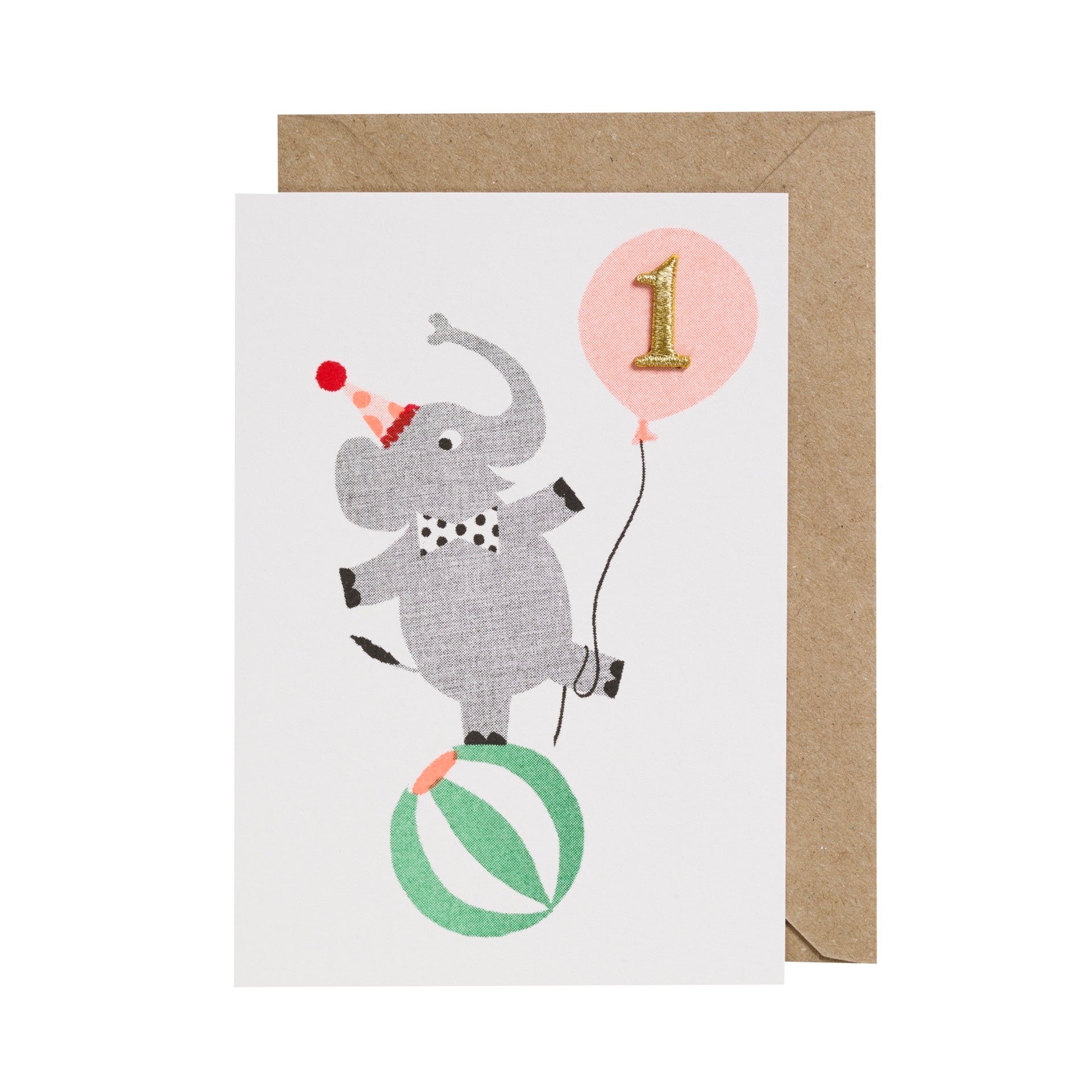 1st birthday card featuring an elephant balancing on a beach ball and '1' in a pink balloon.