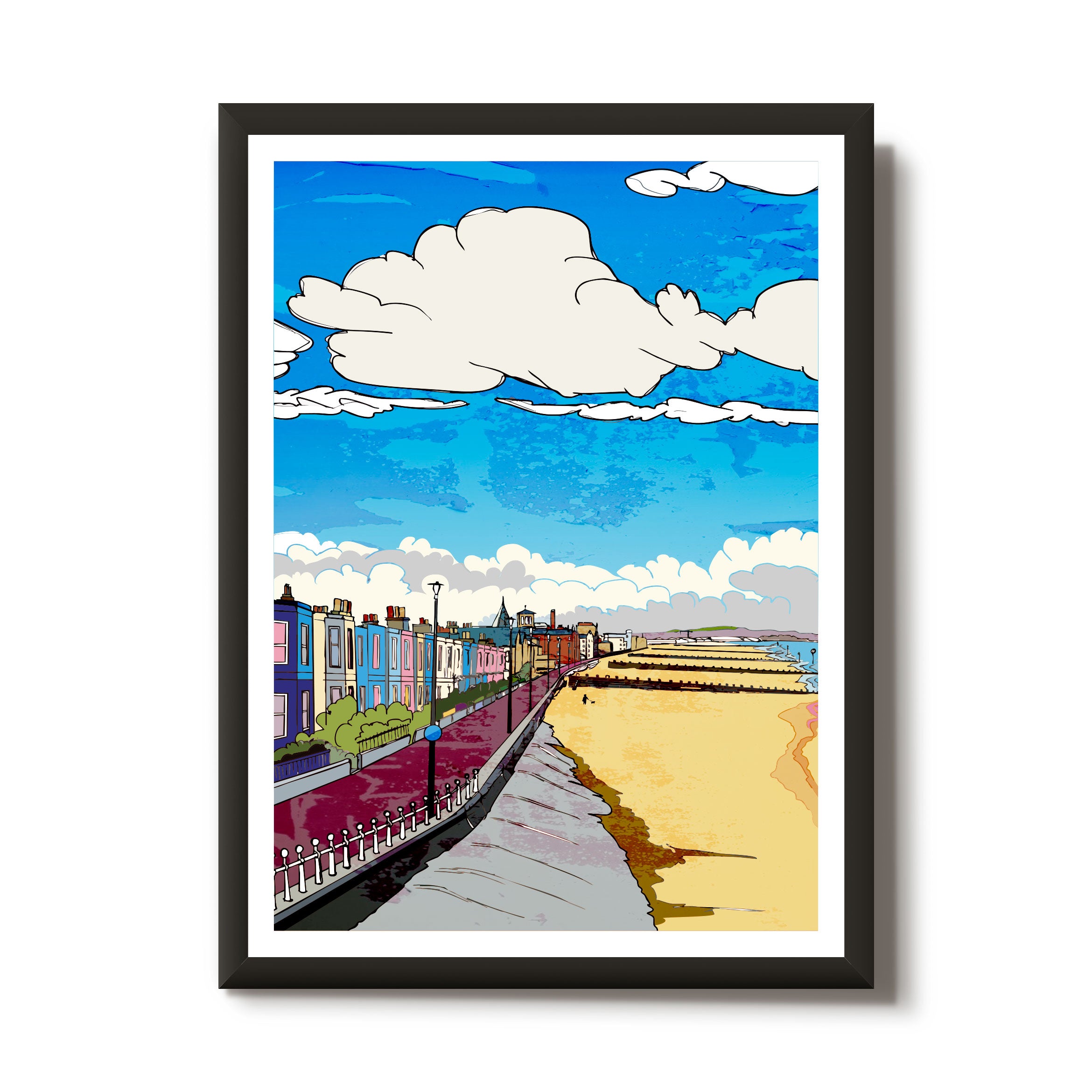 This print illustrates the view down the Portobello prom from Joppa, with terrace houses and the beach in Edinburgh