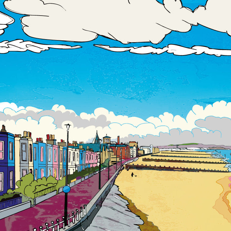 This print illustrates the view down the Portobello prom from Joppa, with terrace houses and the beach in Edinburgh