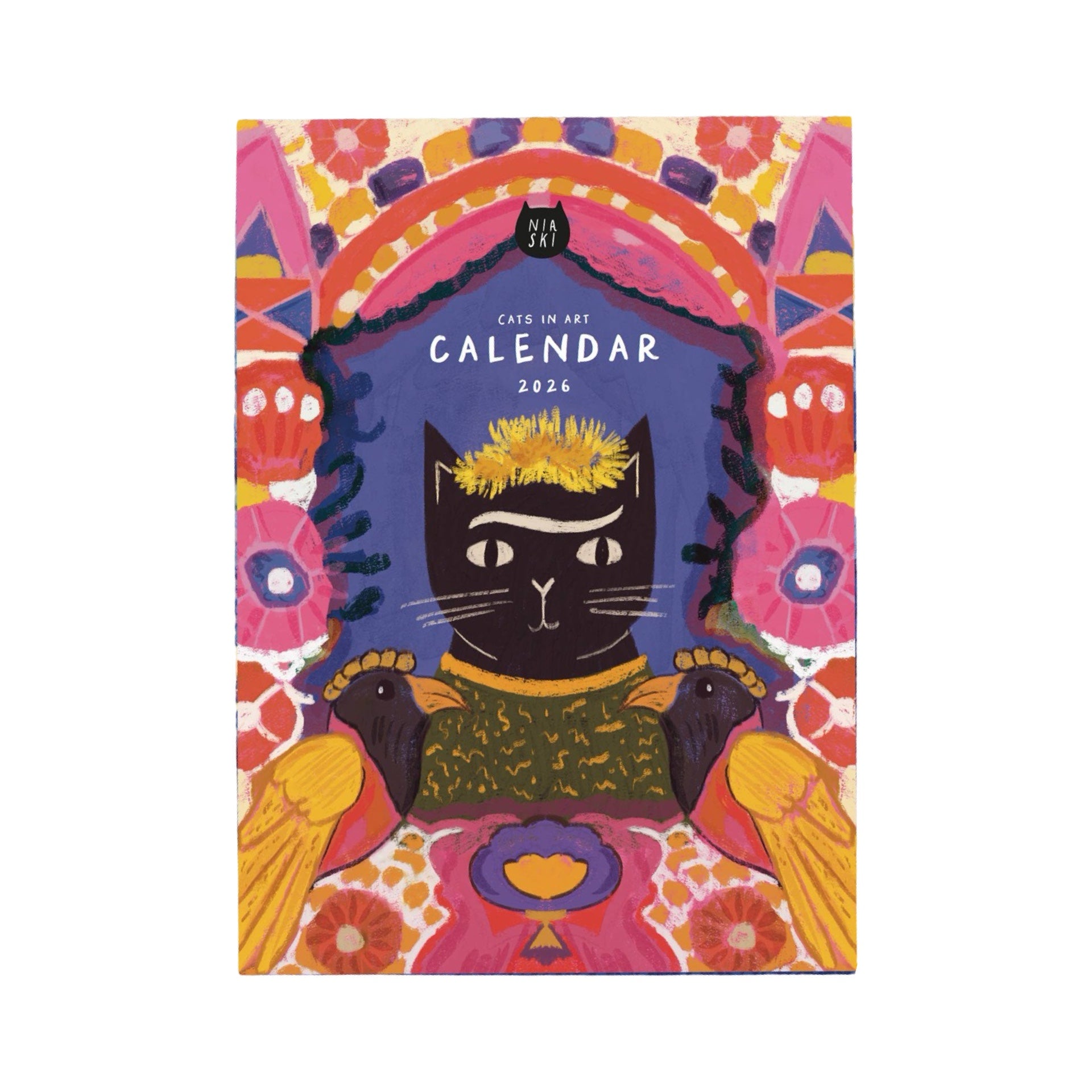 This 2026 Cats in Art calendar features 12 different cat-themed designs, one for each month, with a monthly grid.