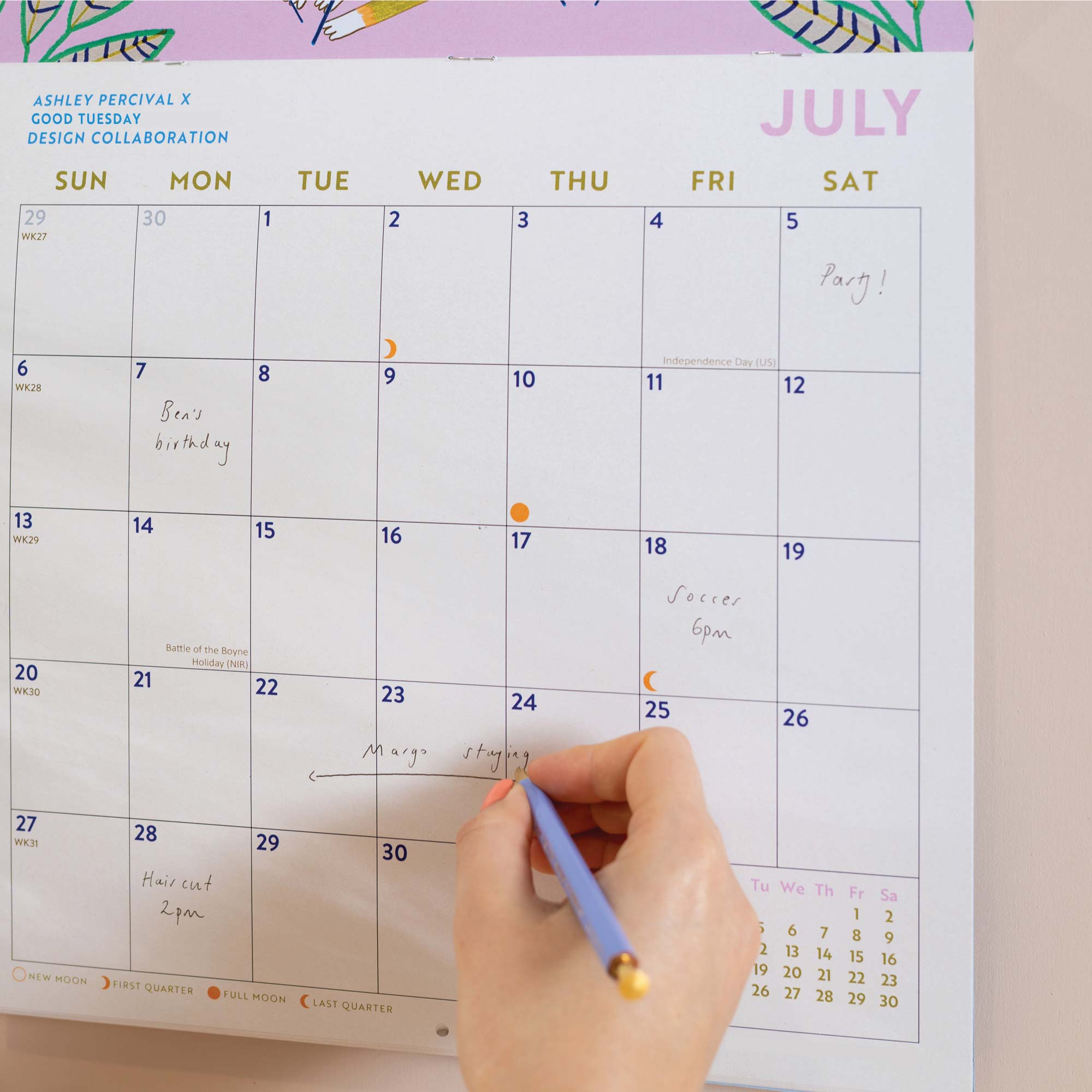 A folk animal-themed wall calendar featuring 12 illustrations by English artist Ashley Pervical.