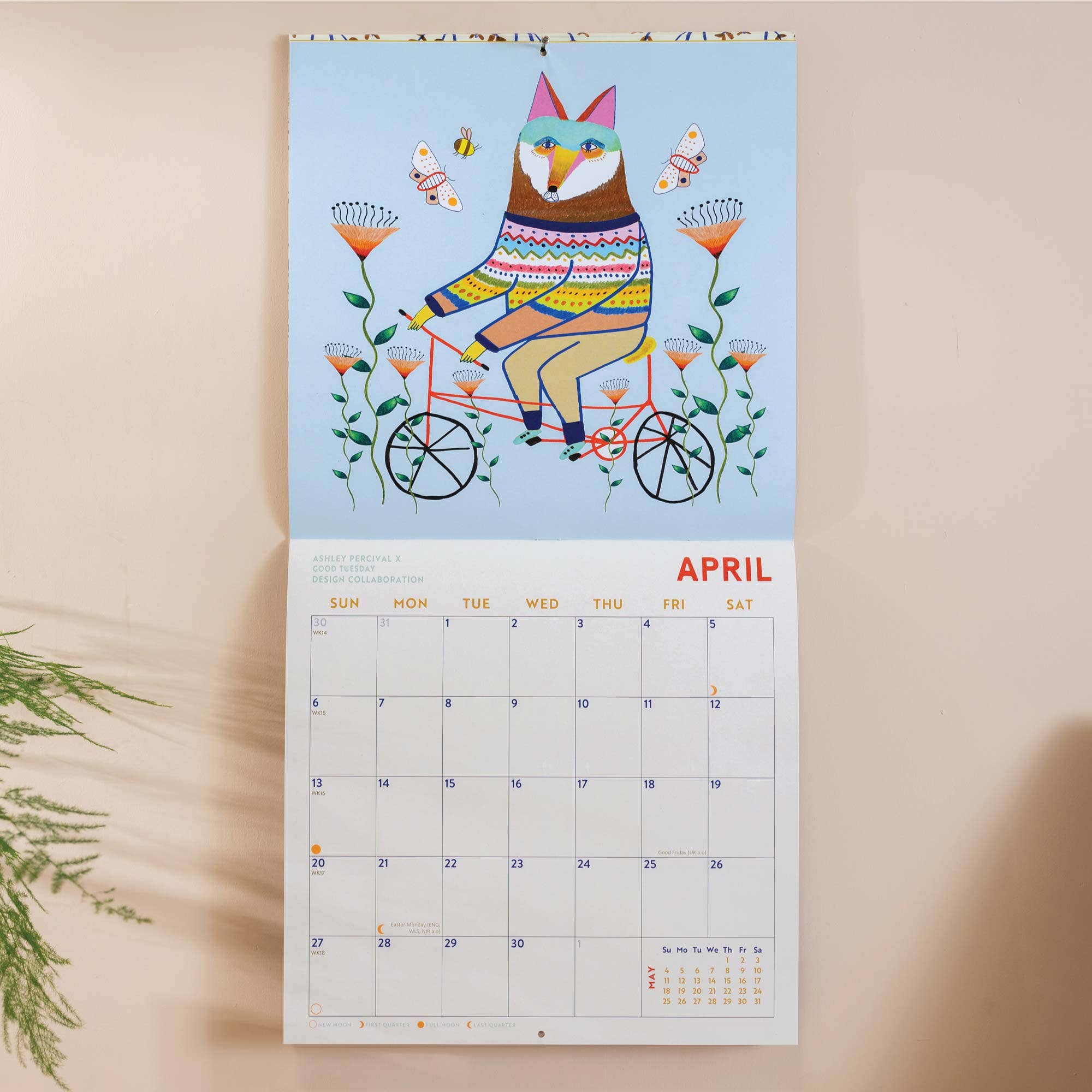 A folk animal-themed wall calendar featuring 12 illustrations by English artist Ashley Pervical.