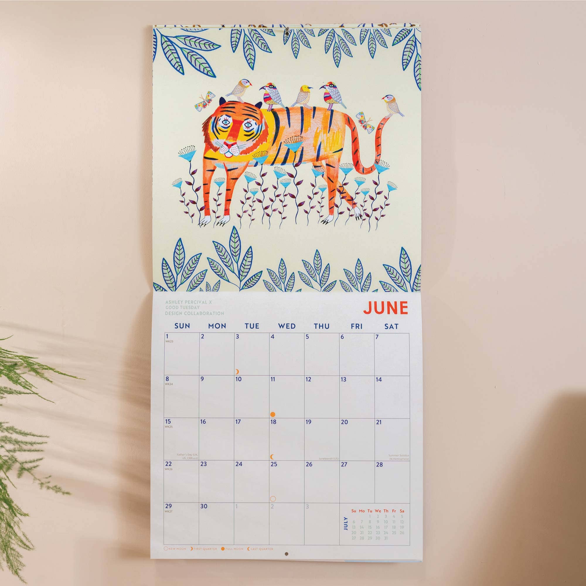 A folk animal-themed wall calendar featuring 12 illustrations by English artist Ashley Pervical.