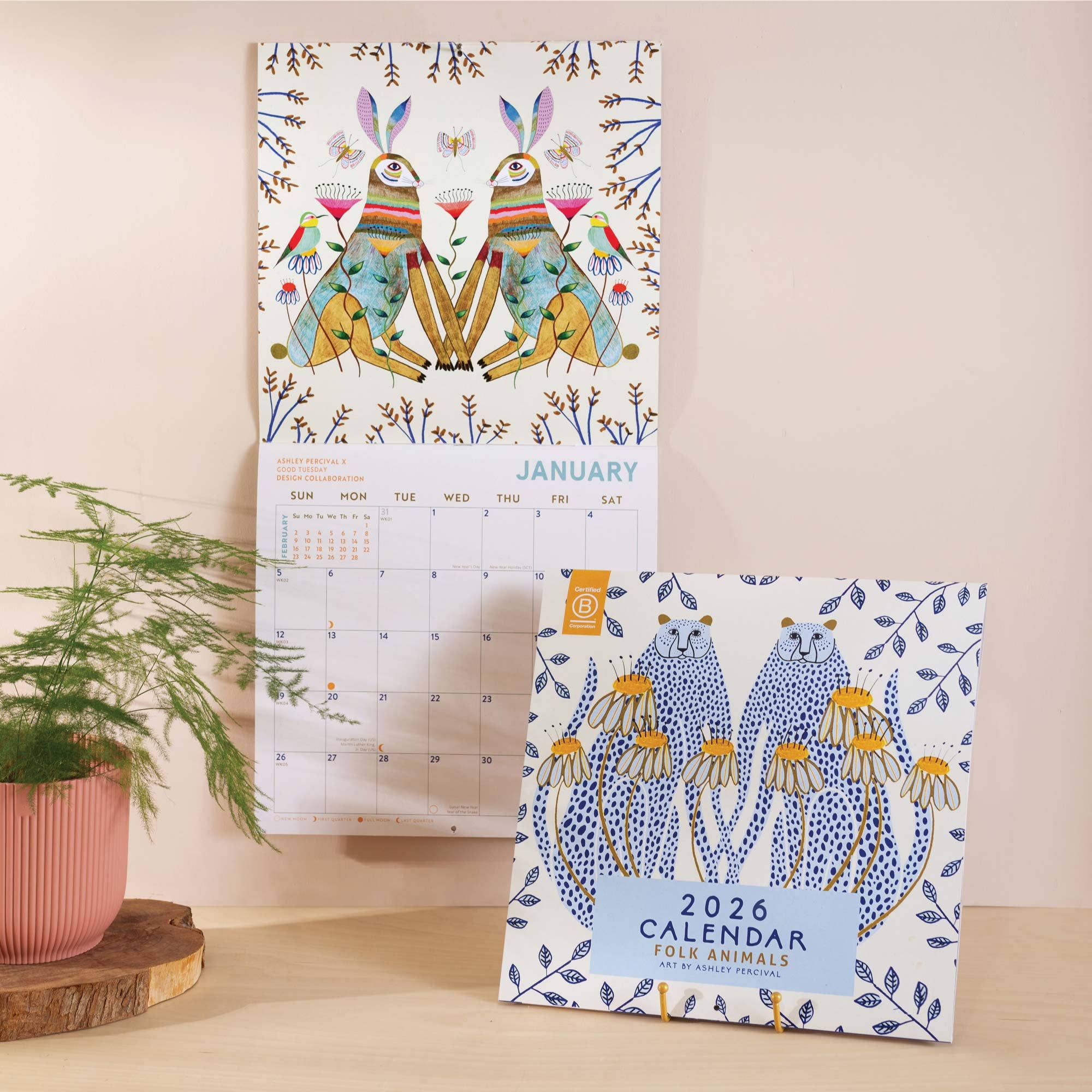 A folk animal-themed wall calendar featuring 12 illustrations by English artist Ashley Pervical.