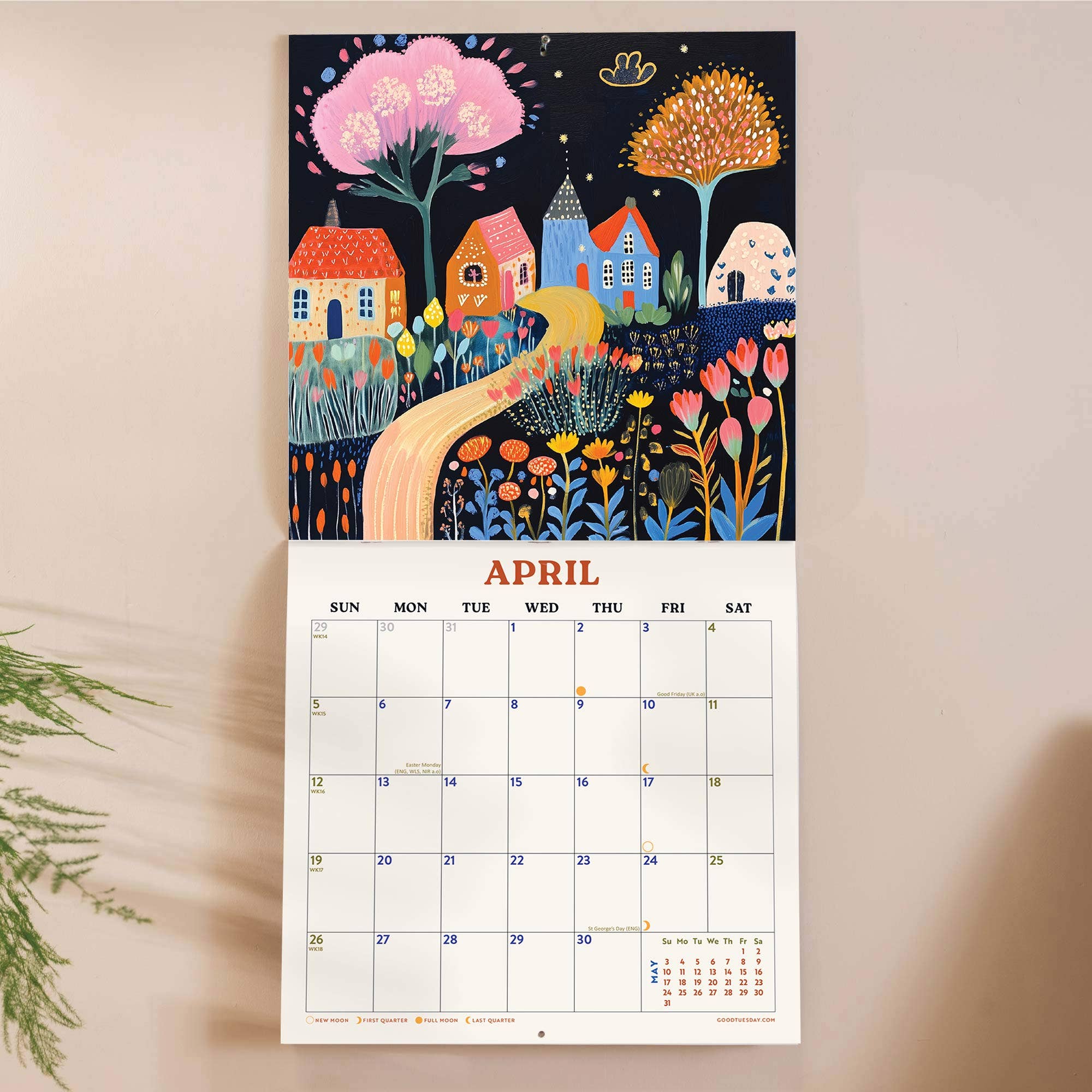 A botanical-themed wall calendar featuring 12 bright and colourful folk themed illustrations. 