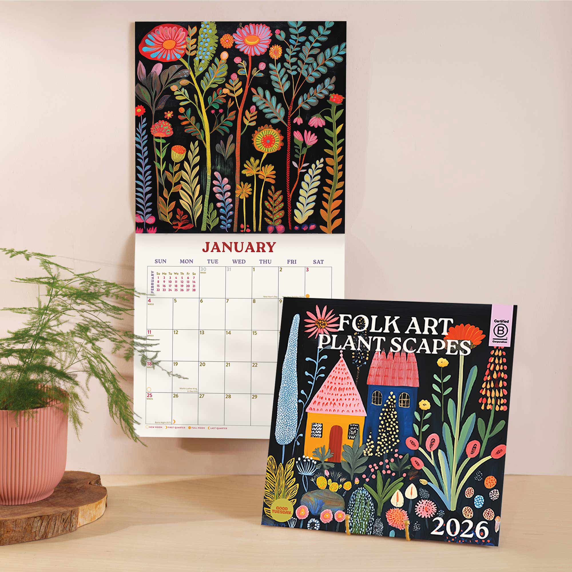 A botanical-themed wall calendar featuring 12 bright and colourful folk themed illustrations. 